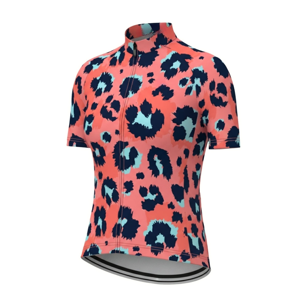 Pink Leopard Cycling Short Sleeve Jersey Womens, Leopard Cycling Jersey For Ladies CZ0107