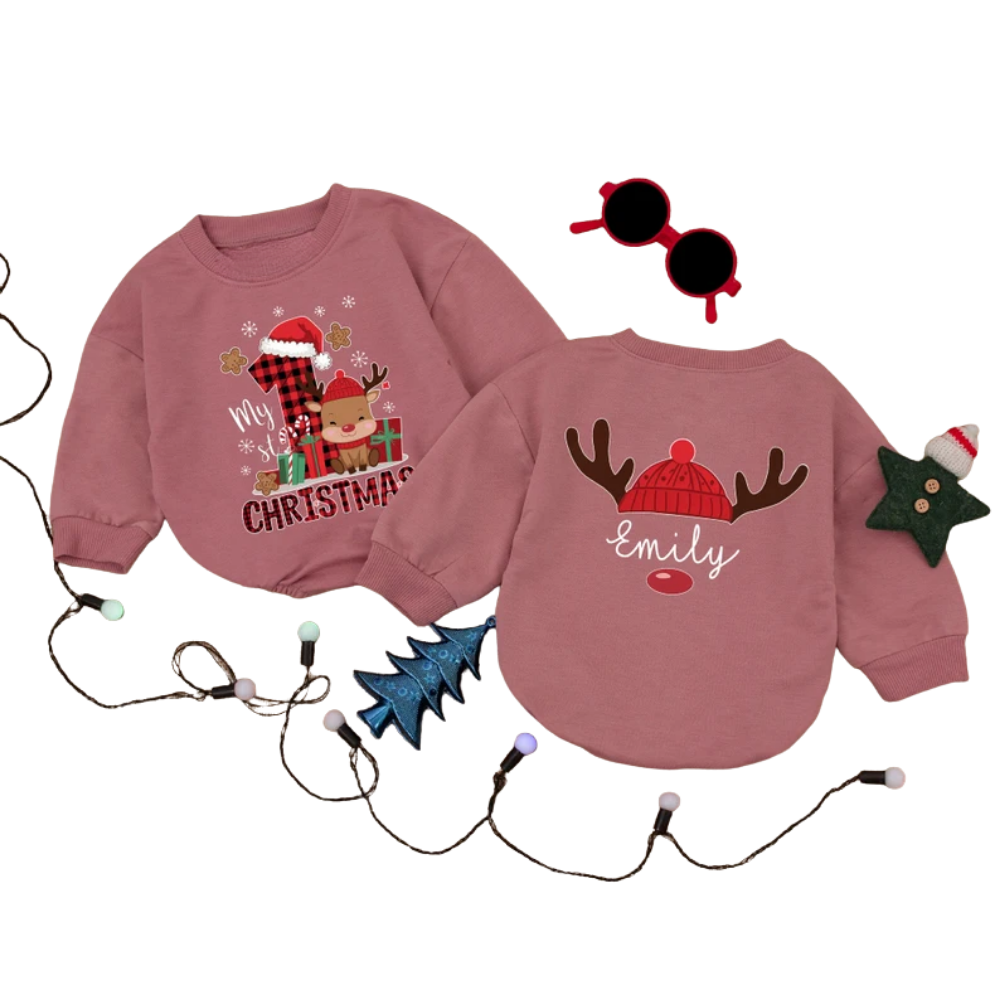 Personalized My 1st Christmas Baby Romper Sweater, Custom Name Baby First Christmas Romper Sweatshirt BB0248