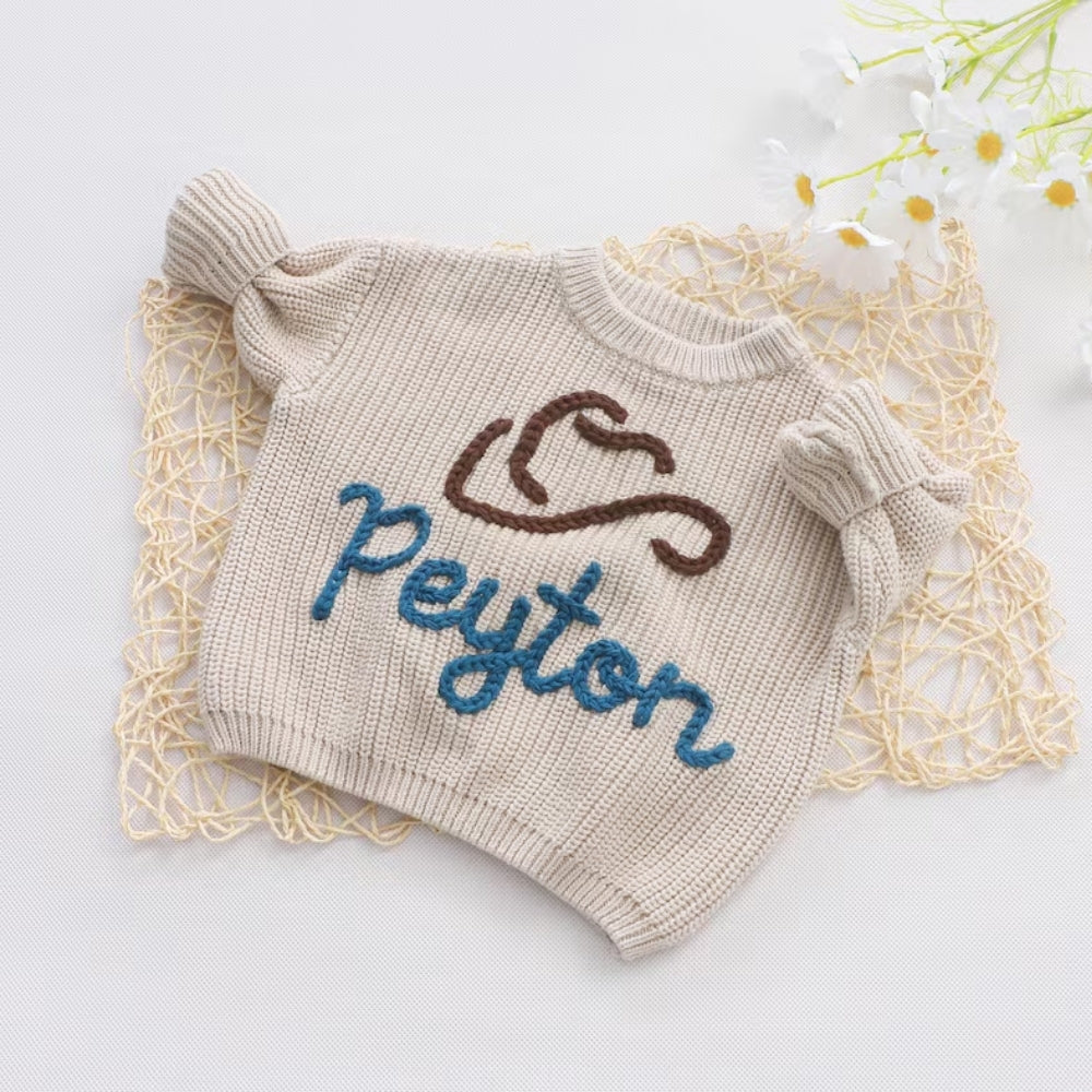 Custom Cowboy Hat Baby Embroidered Knit Sweater, Custom Western Baby Sweatshirt BB0772