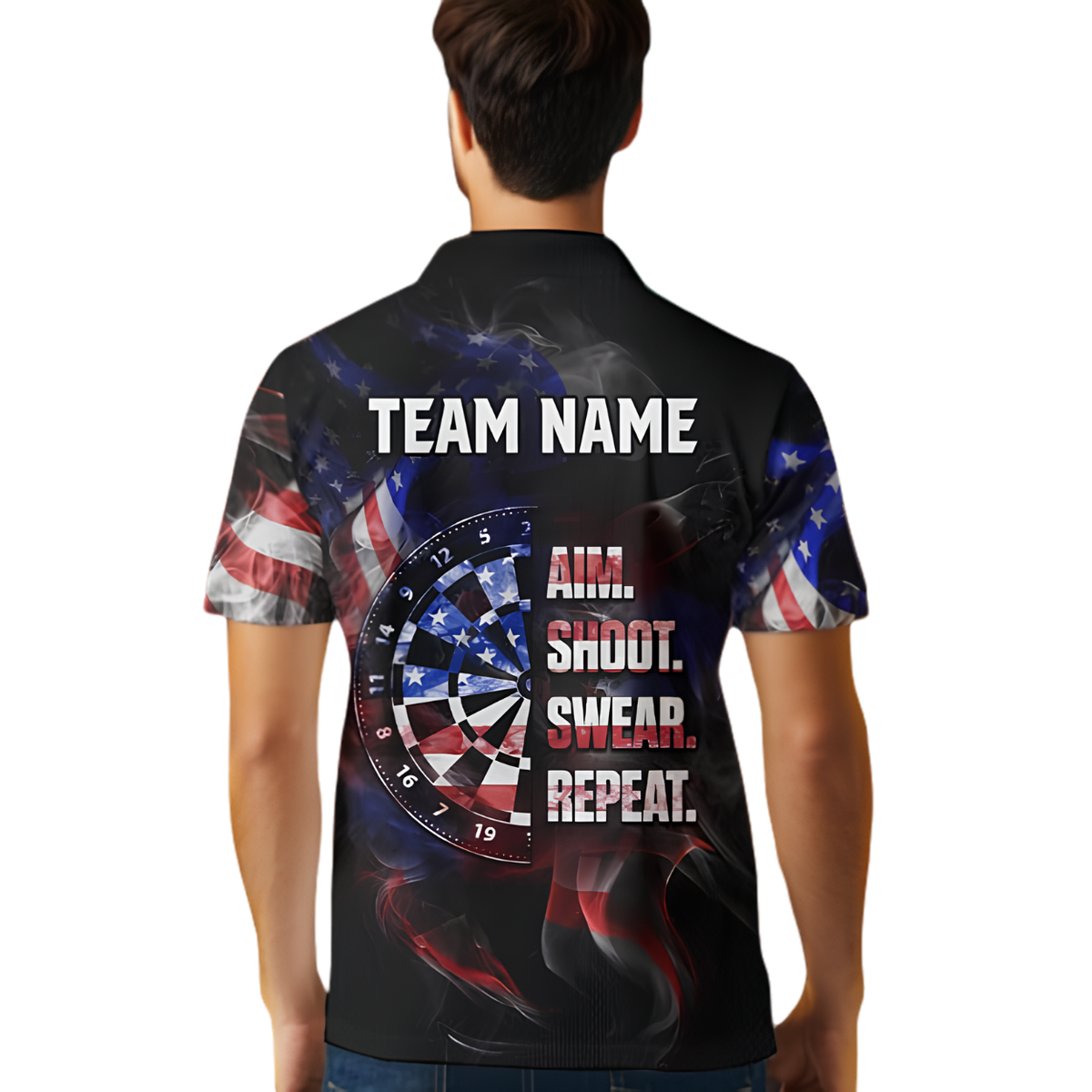 Aim Shoot Swear Repeat Custom USA Flag Smoke Dart Mens Polo Shirt, Custom Funny Patriotic Darts Team Shirt DZ0181