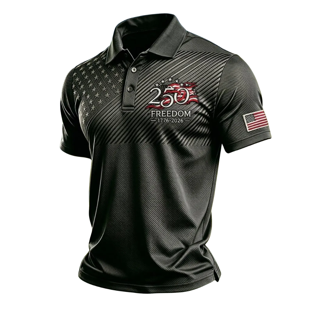 250 Freedom 1776-2026 American Flag Mens Black Golf Polo Shirts, 4th Of July Golf Shirts GE0503