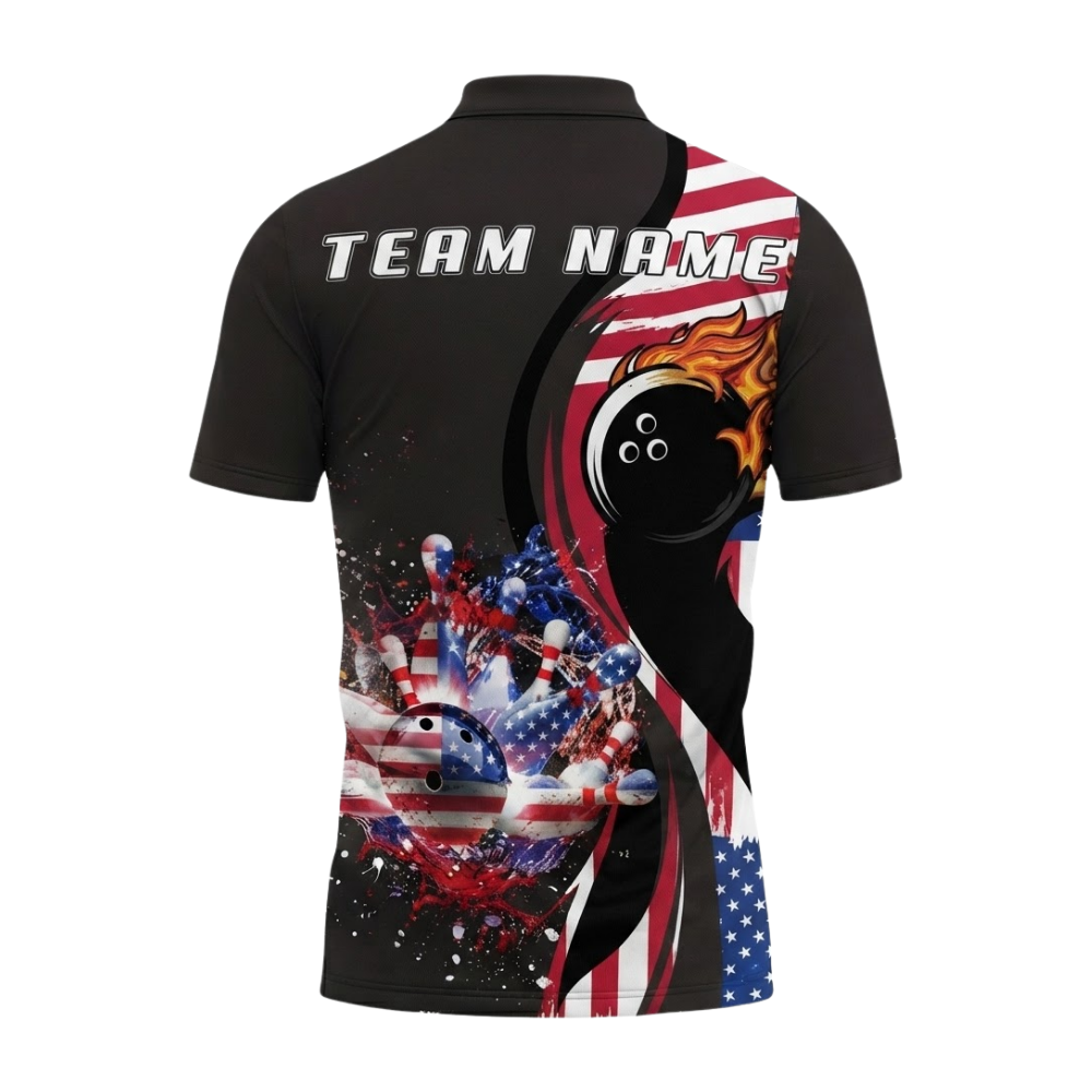 Custom American Flag Men's Bowling Polo Shirt, Custom Patriotic Bowling Team Shirts BZ0756