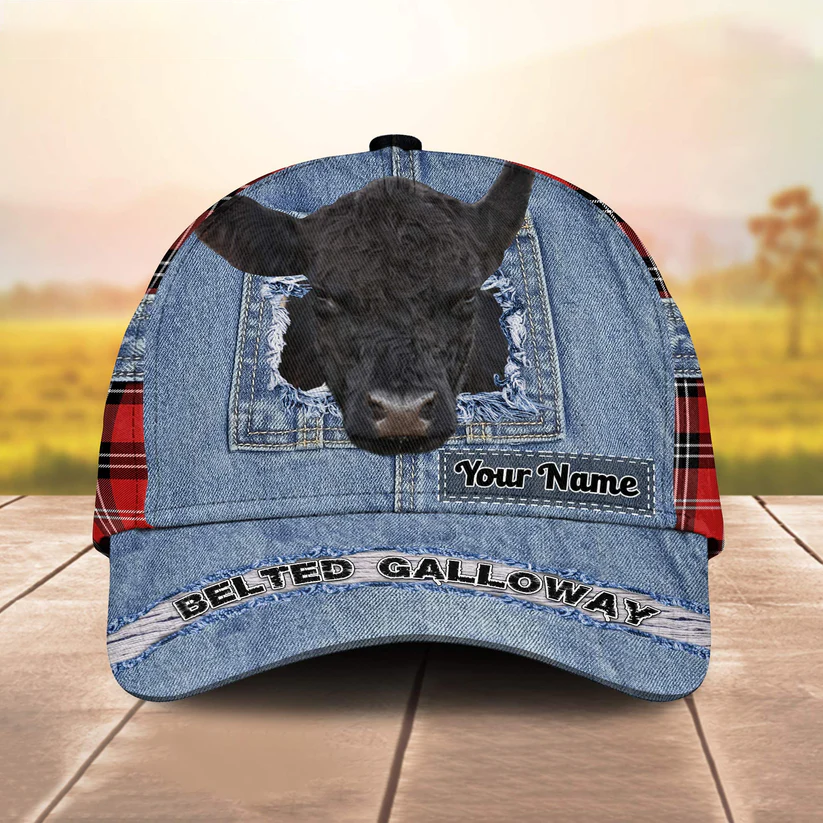 Belted Galloway Overall Jeans Pattern And Red Caro Pattern Customized Name Cap CA0205
