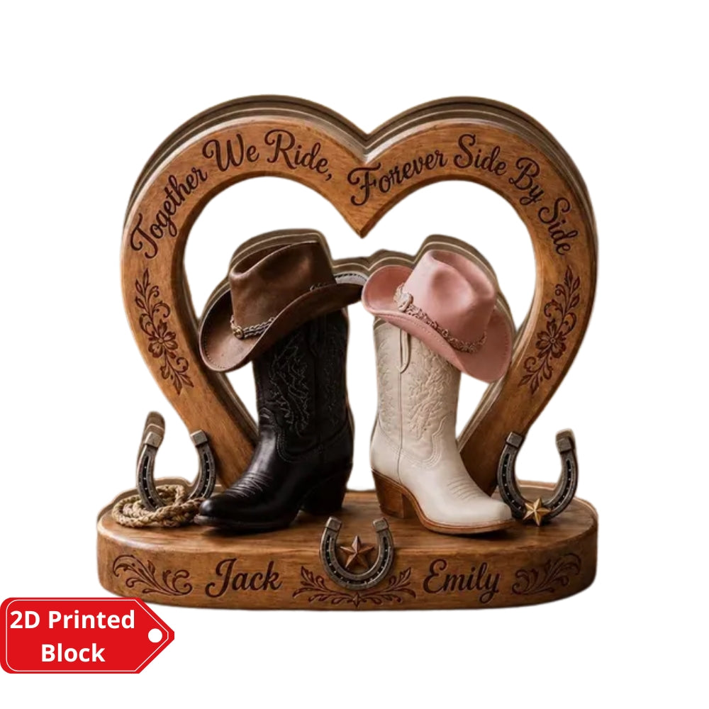 Custom Cowboy Boots Couple Layer Wooden Plaque, Custom Western Wedding Keepsake Wooden Block WD1000