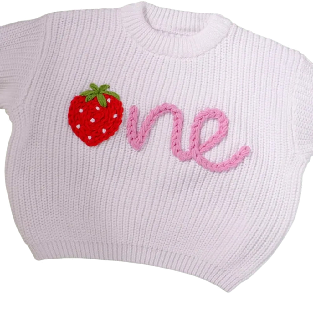 One Strawberry Baby Embroidered Knit Sweater, Berry First Birthday Baby Sweatshirt BB0776