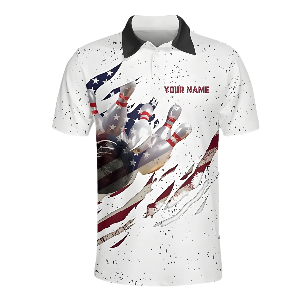 Custom White Grunge USA Flag Bowling Men Polo Shirt, Custom Team Patriotic Bowling Shirts BZ0340