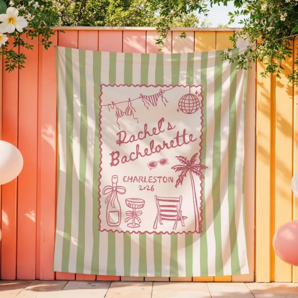 Personalized Beach Bachelorette Pink Striped Banner, Custom Beach Bachelorette Party Banner WD0418