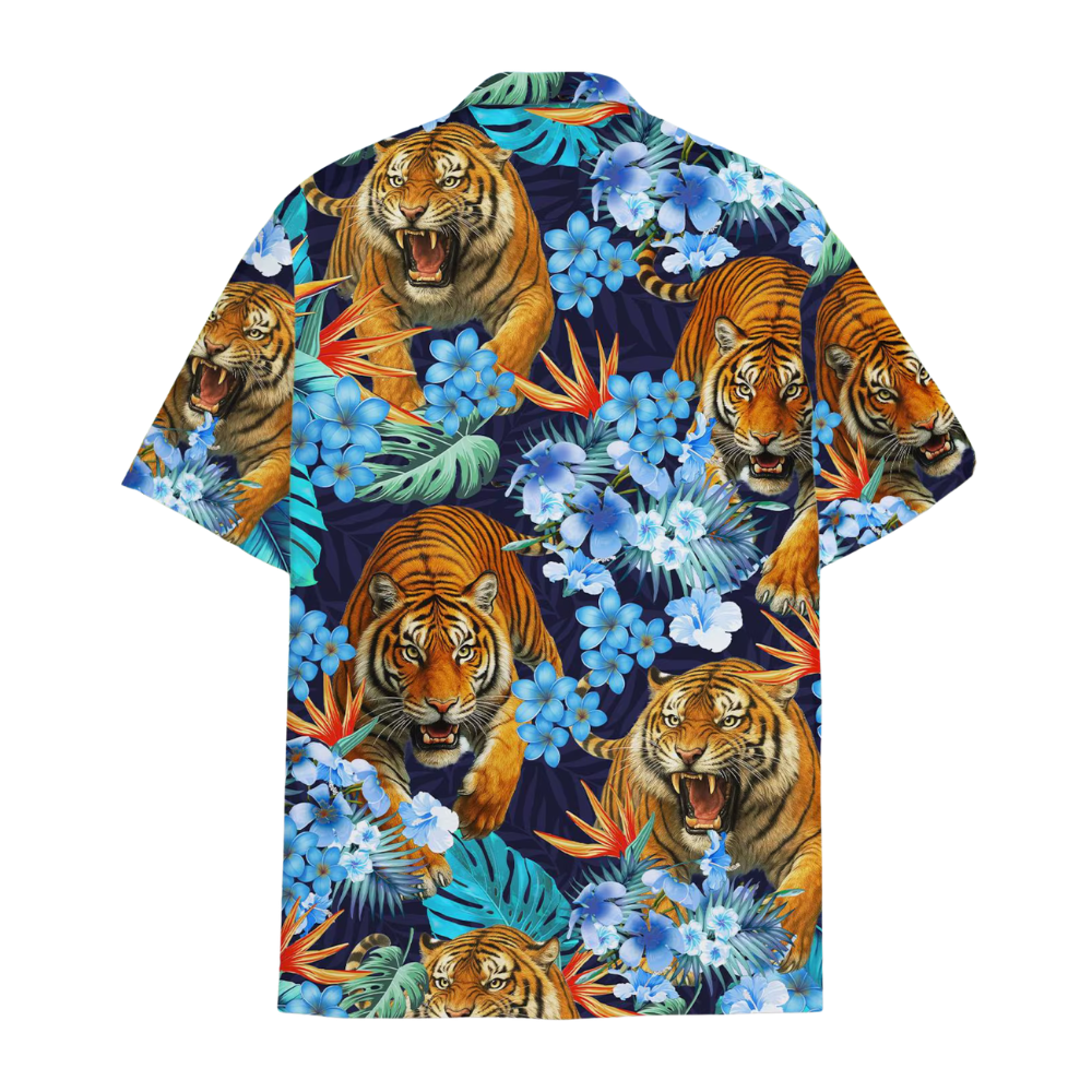 Tiger Blue Floral Hawaiian Shirt For Men, Tiger Hawaiian Shirts HE0555