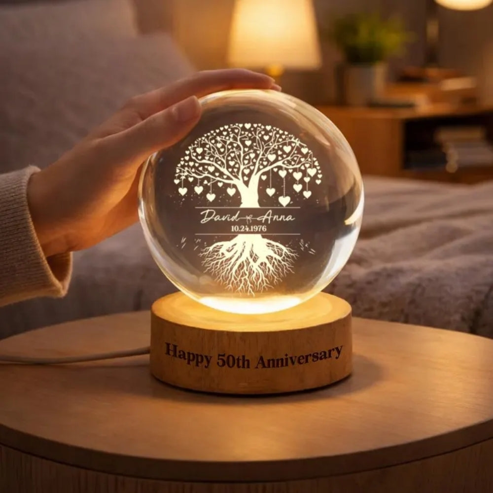 Tree Of Love Custom 50th Wedding Anniversarty Crystal Ball Led Night Light, Custom Golden Wedding Keepsake Night Light WD0941