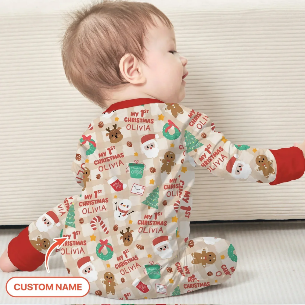 Personalized My First Christmas Baby Convertible Romper Zipper, Custom Christmas Convertible Romper For Baby BB0725