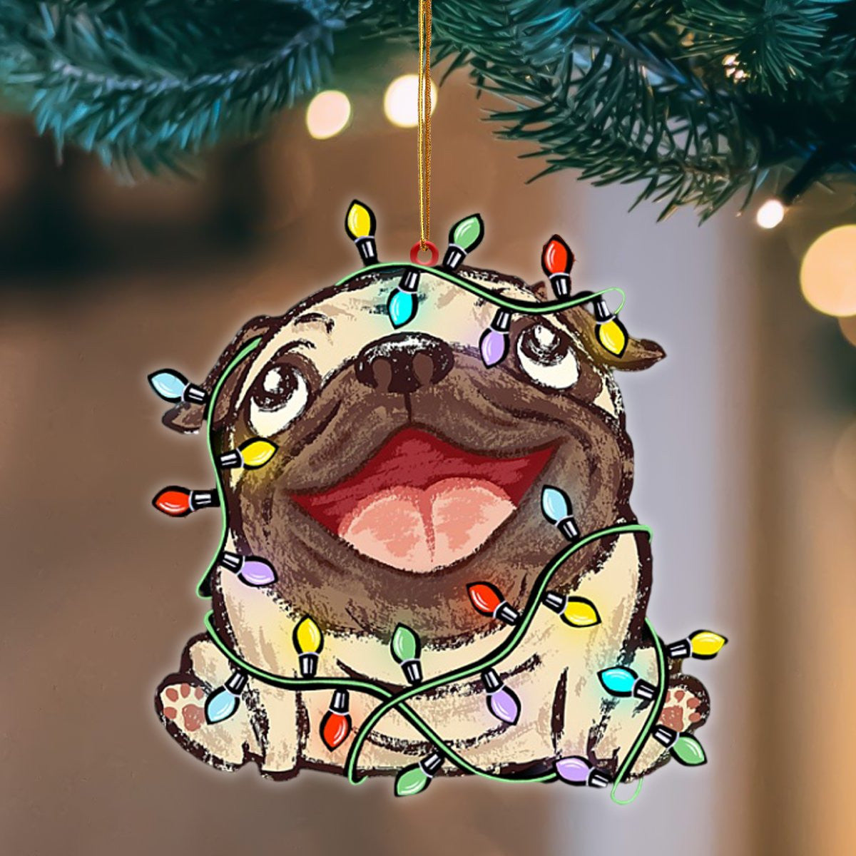 Pug Christmas Light Hanging Flat Acrylic Ornament OO3513