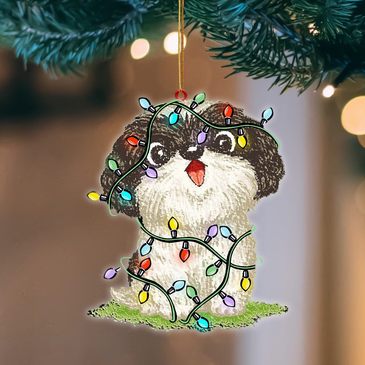 Shih Tzu Christmas Light Hanging Flat Acrylic Ornament OO3480