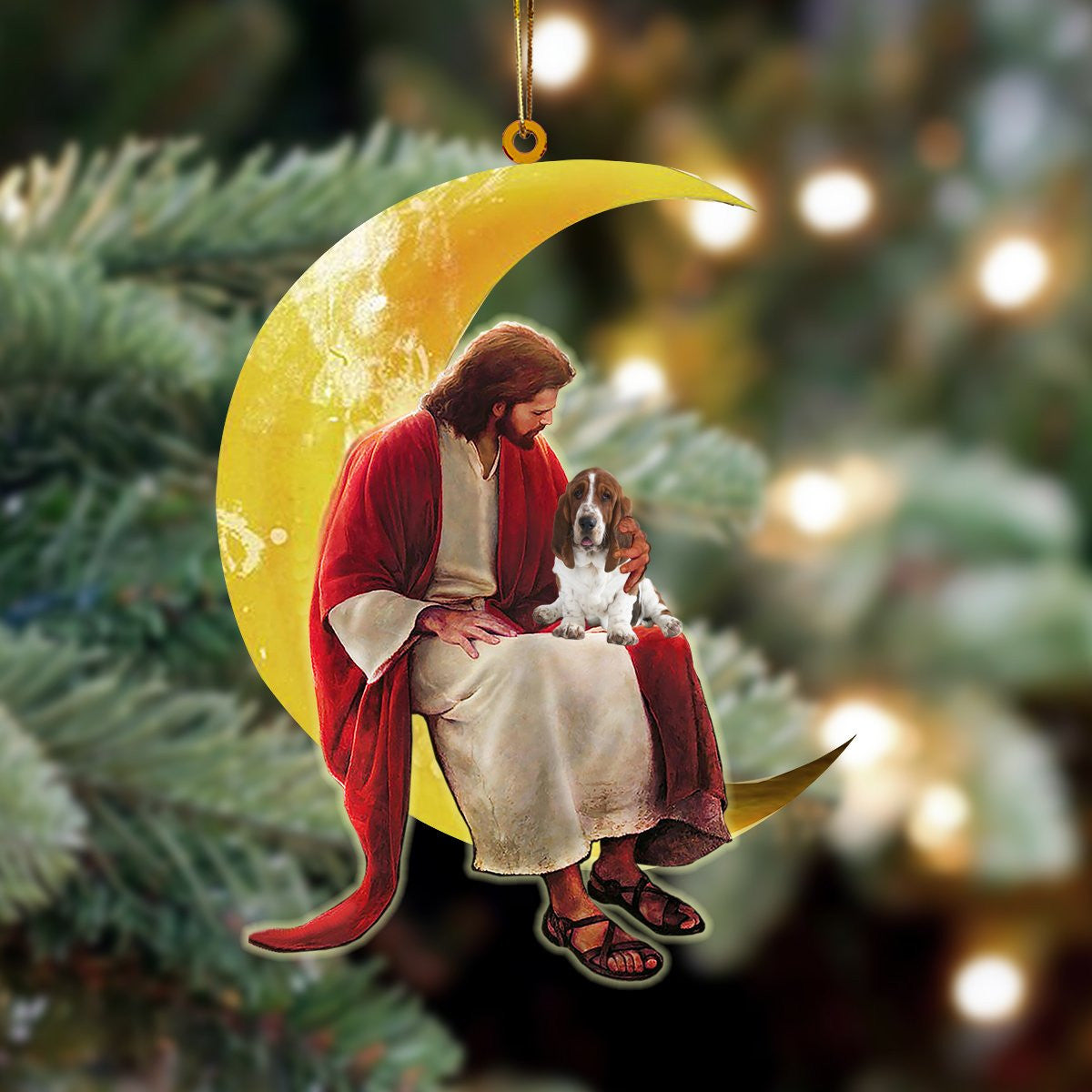 Basset Hound And Jesus Sitting On The Moon Hanging Acrylic Ornament for Dog Lovers OO3437