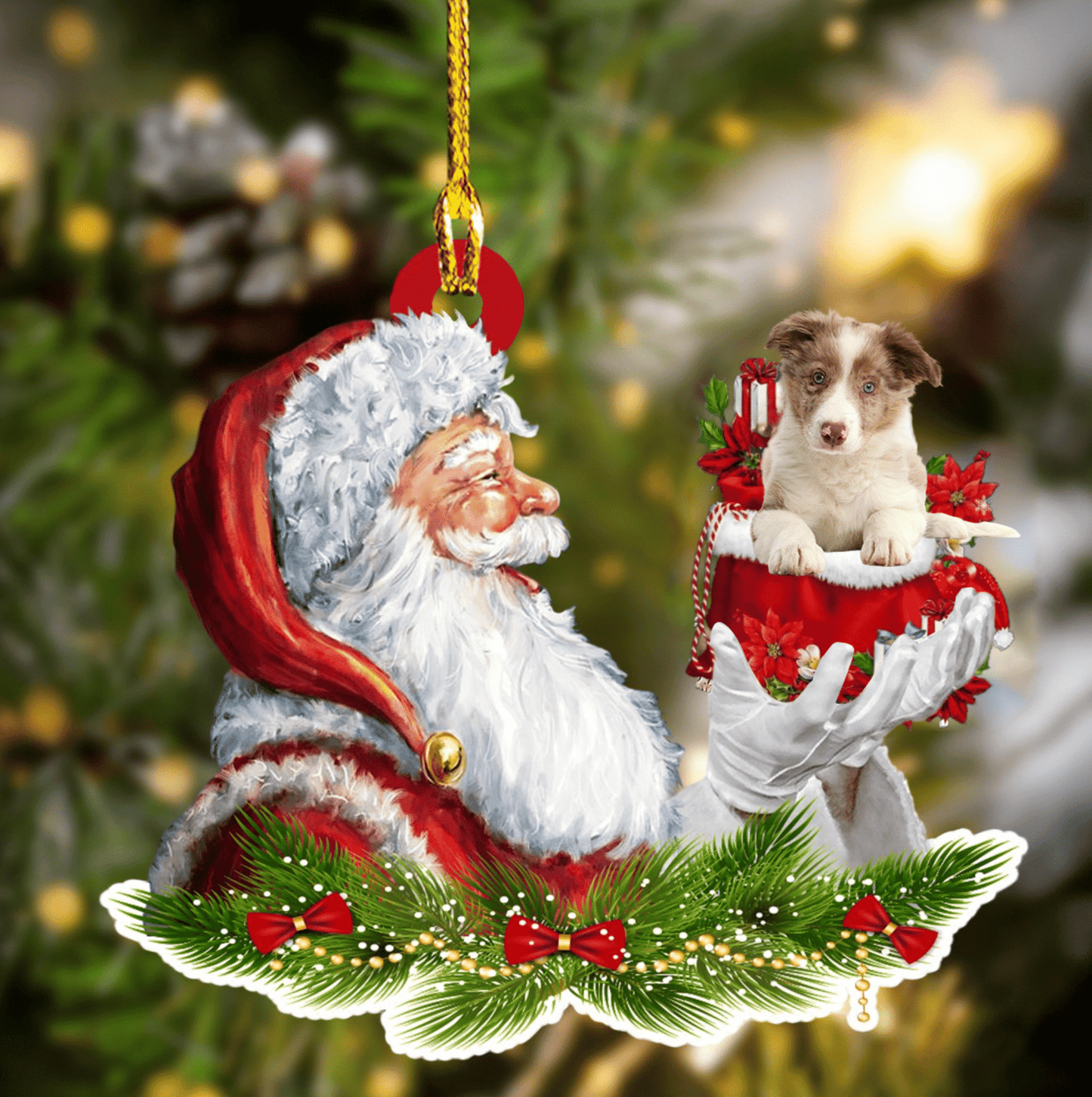 Red Border Collie and Santa Christmas Ornament for Dog Lovers, Dog Mom Acrylic Dog Ornament OO3268