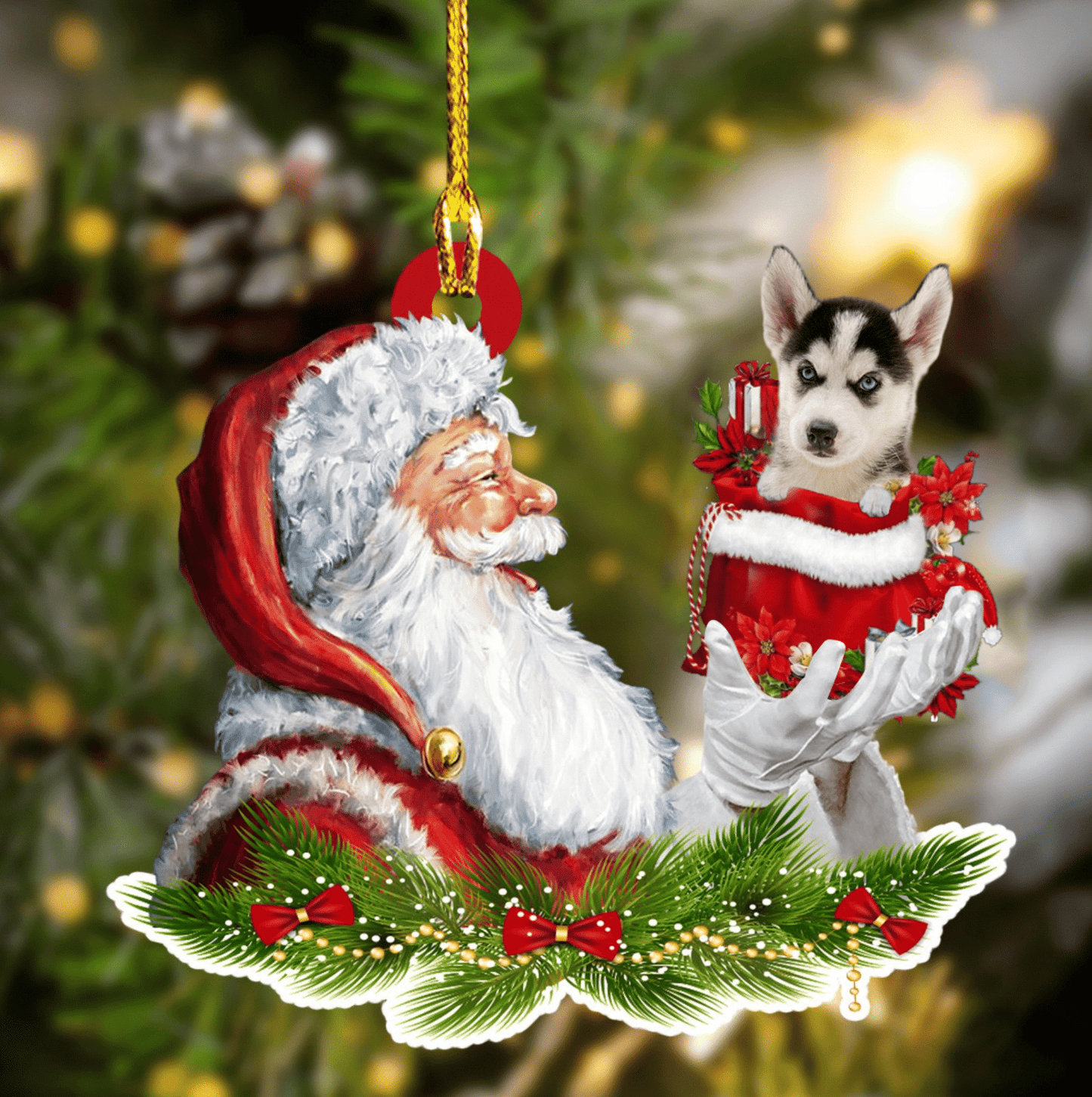 Husky and Santa Christmas Ornament for Dog Lovers, Dog Mom Acrylic Dog Ornament OO3270