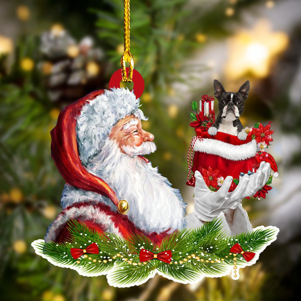 Boston Terrier and Santa Christmas Ornament for Dog Lovers, Dog Mom Acrylic Dog Ornament OO3229