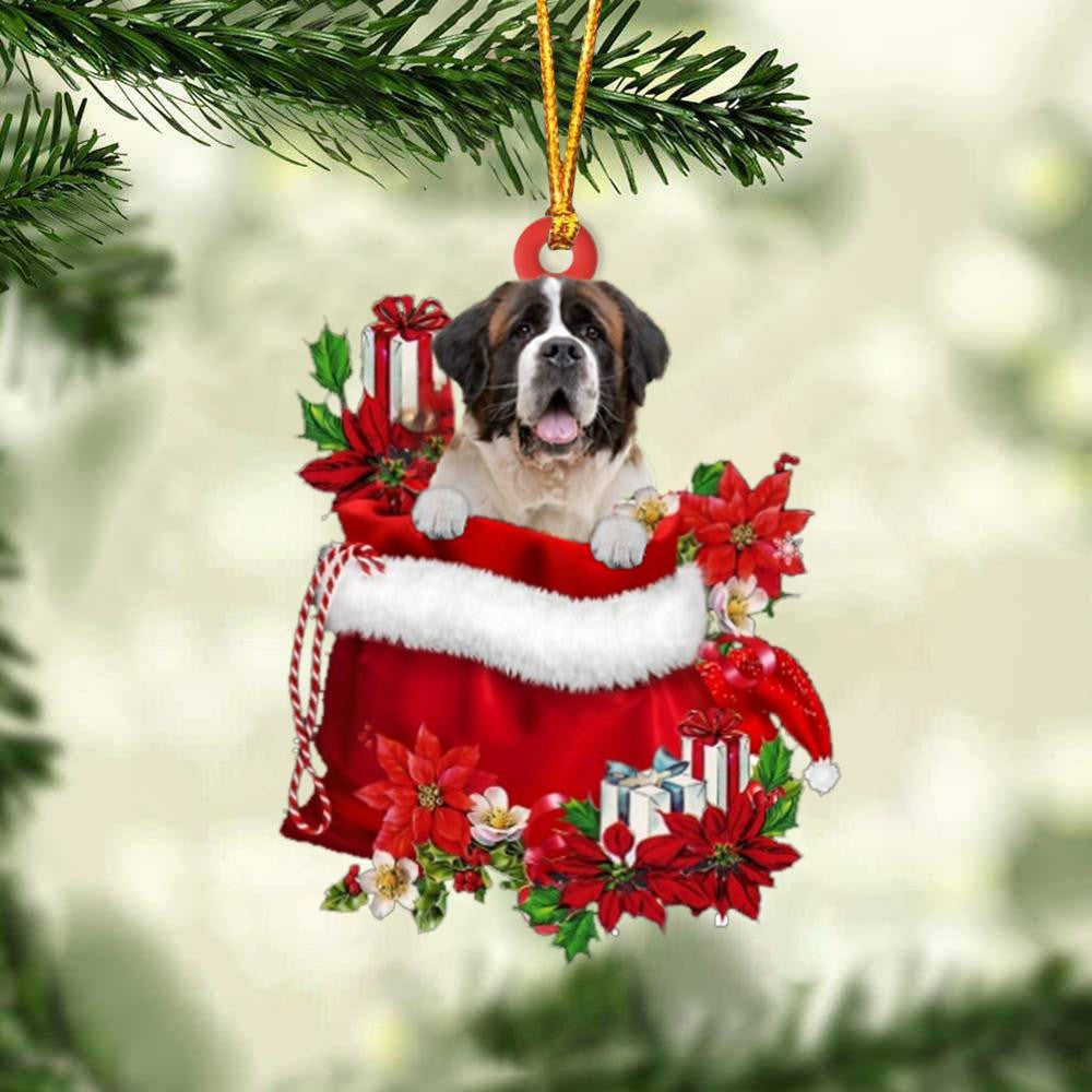 St Bernard In Gift Bag Christmas Ornament for Dog Lovers Made by Acrylic OO3023
