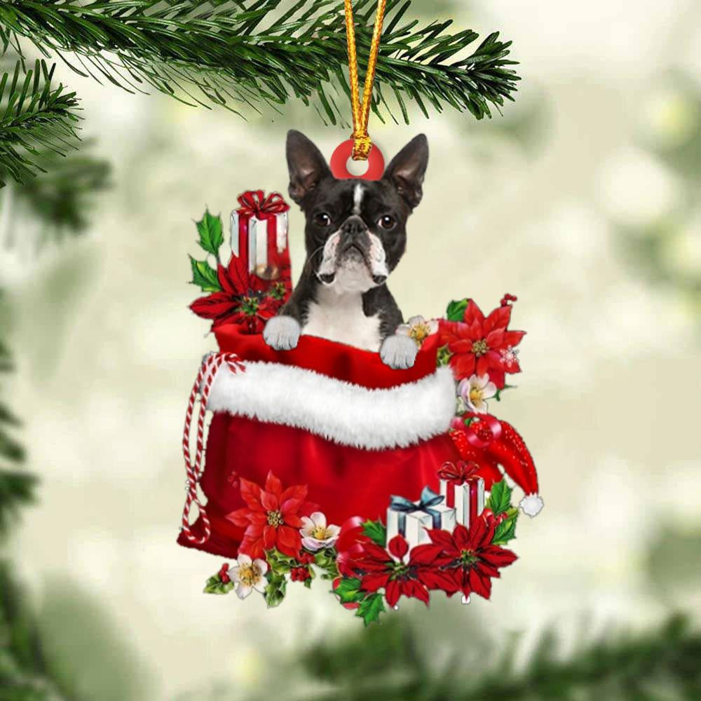 Boston Terrier In Gift Bag Christmas Ornament for Dog Lovers Made by Acrylic OO3005