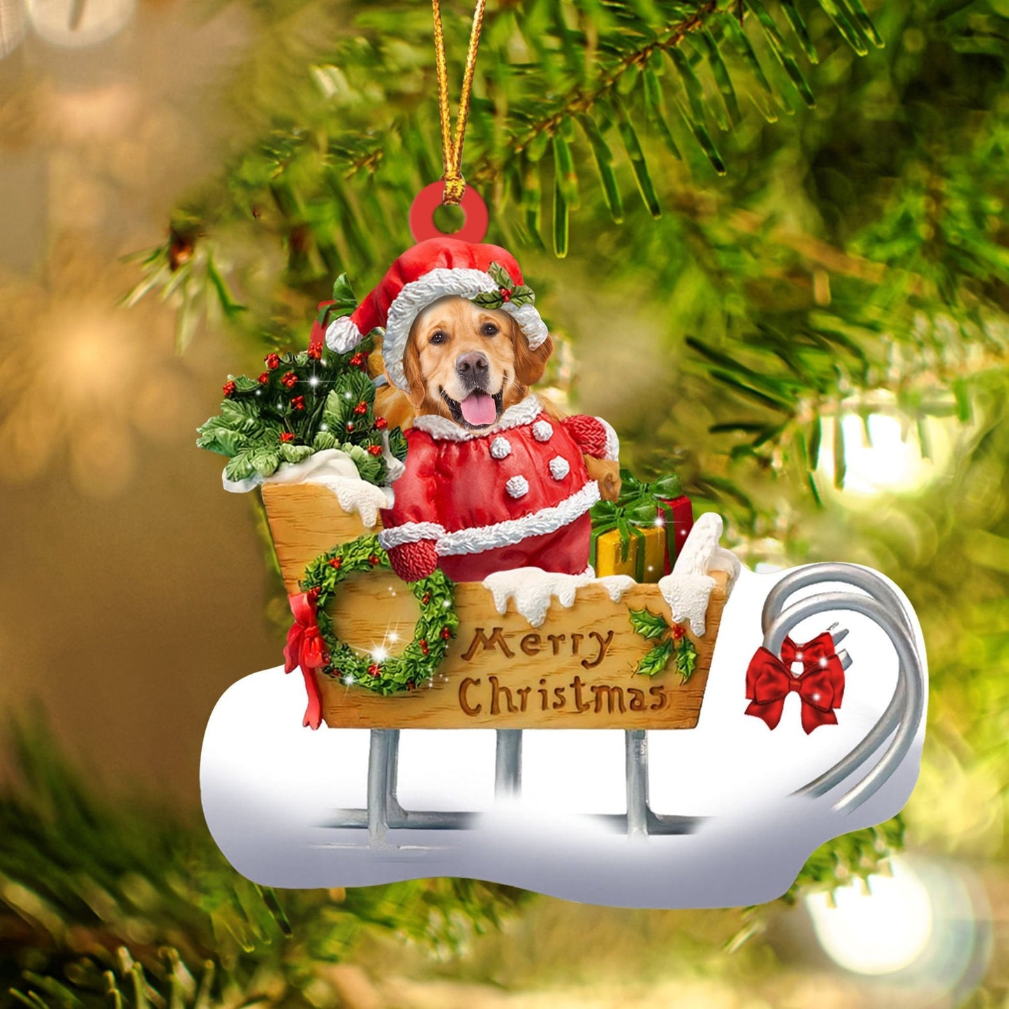 Golden Retriever Sitting On A Cute Sleigh Ornament Flat Acrylic Funny Dog Ornament OO2995