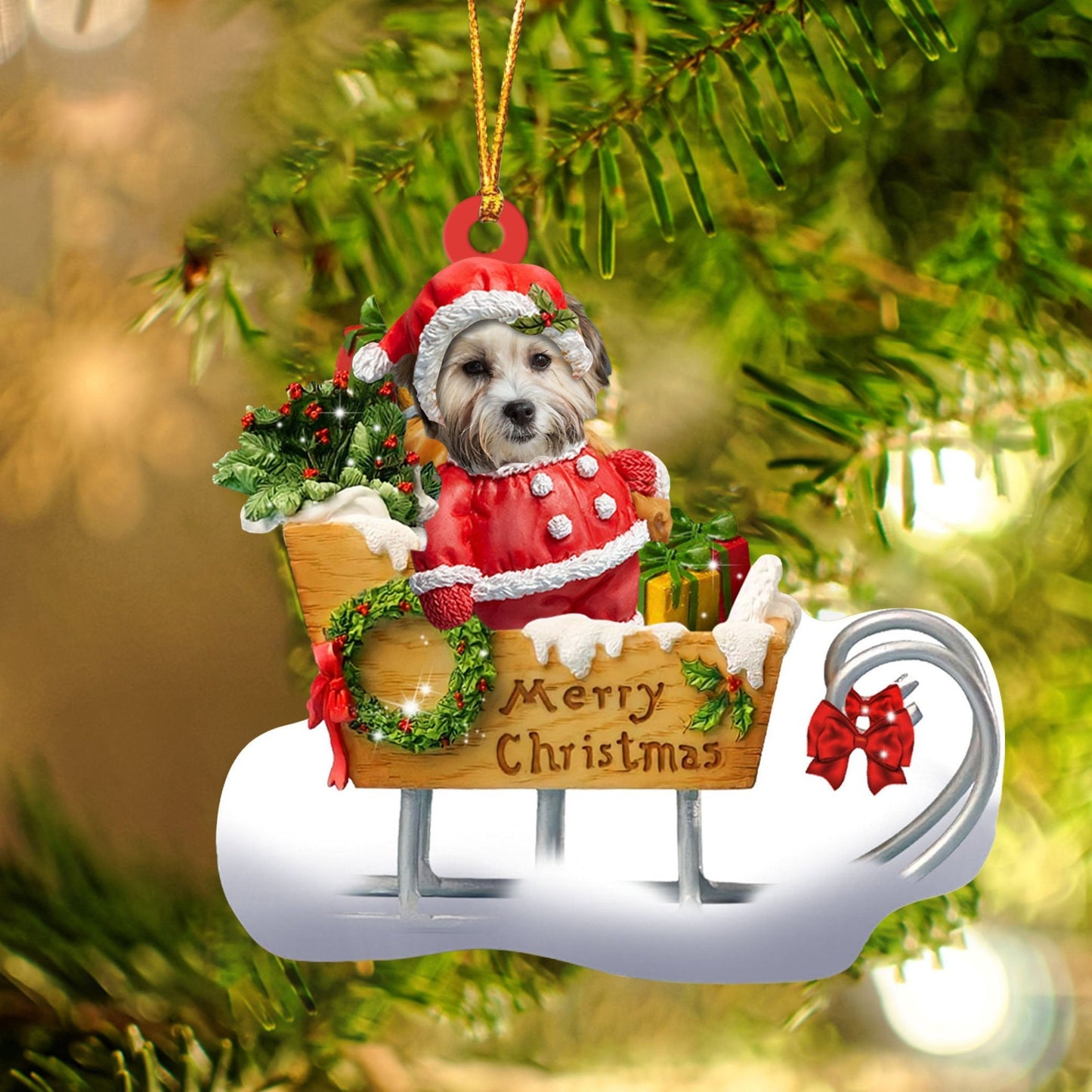 Cavachon Sitting On A Cute Sleigh Ornament Flat Acrylic Funny Dog Ornament OO2967