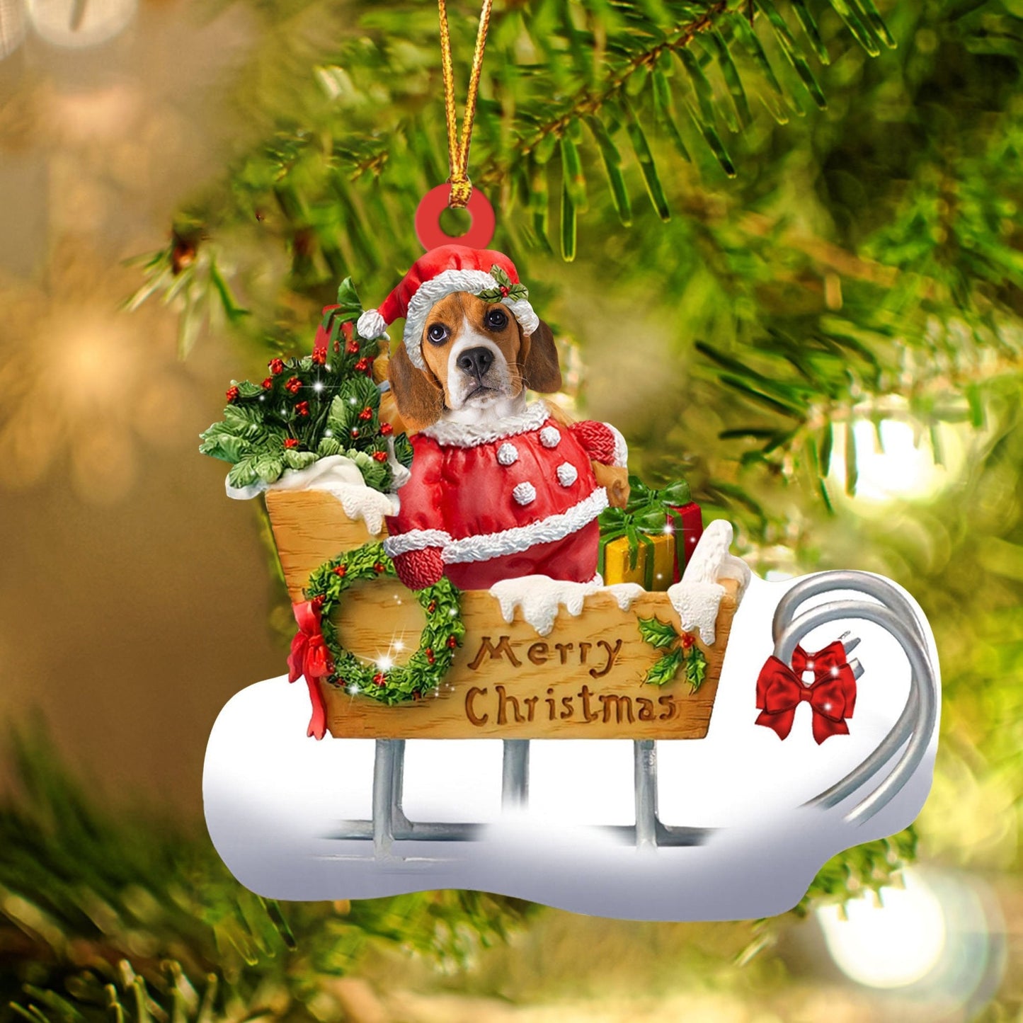 Beagle Sitting On A Cute Sleigh Ornament Flat Acrylic Funny Dog Ornament OO2966