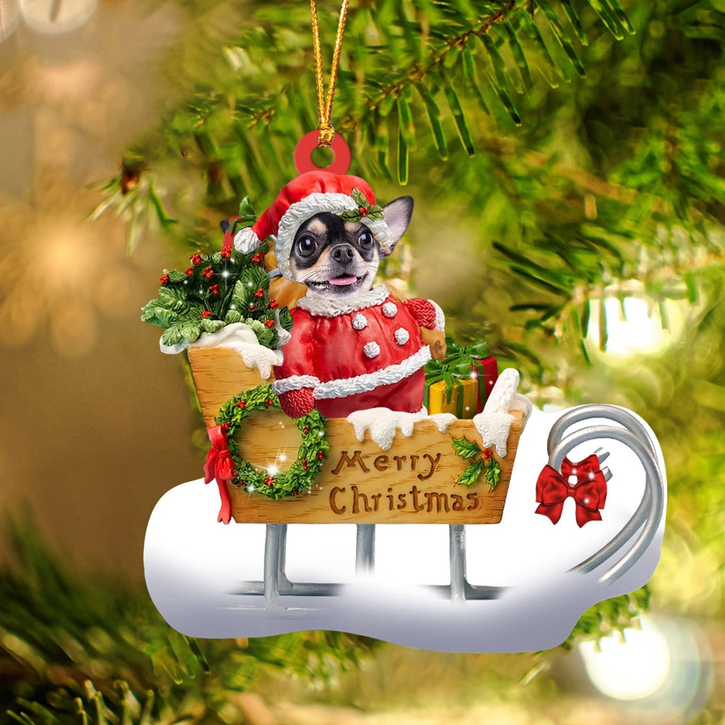 Chihuahua Sitting On A Cute Sleigh Ornament Flat Acrylic Funny Dog Ornament OO2974