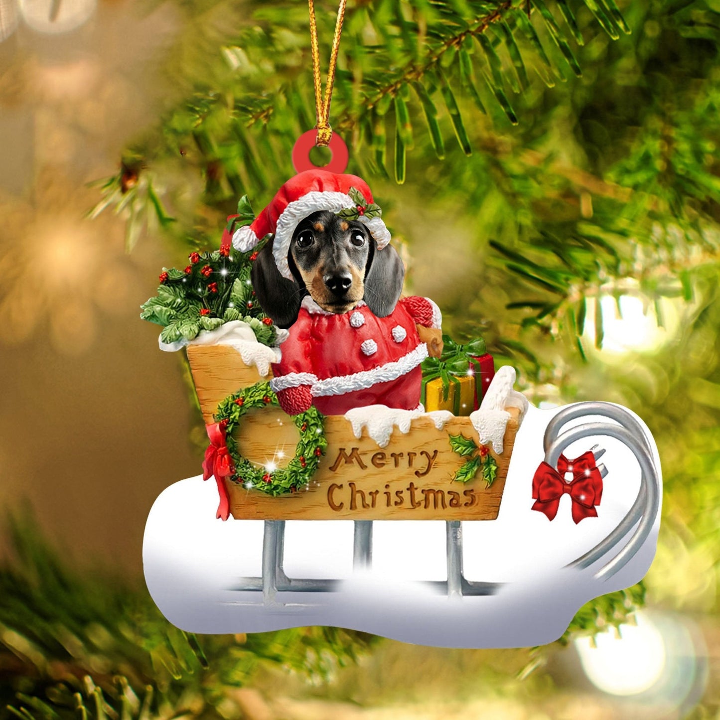 Dachshund Sitting On A Cute Sleigh Ornament Flat Acrylic Funny Dog Ornament OO2972