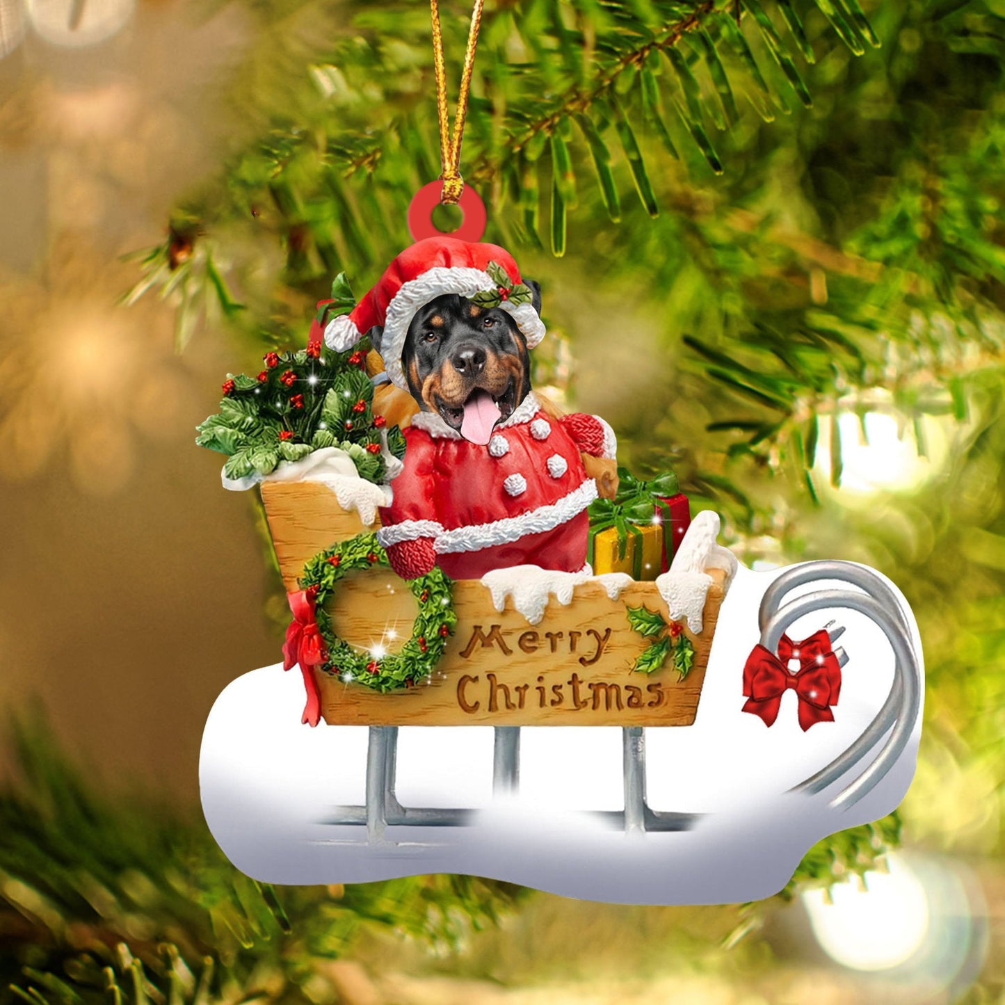Rottweiler Sitting On A Cute Sleigh Ornament Flat Acrylic Funny Dog Ornament OO2982