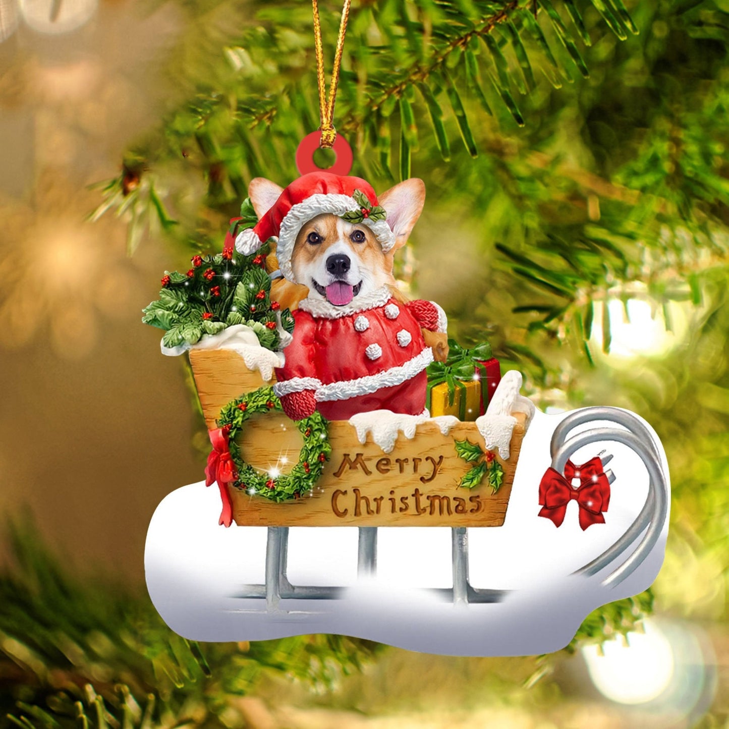 Welsh Corgi Sitting On A Cute Sleigh Ornament Flat Acrylic Funny Dog Ornament OO2968