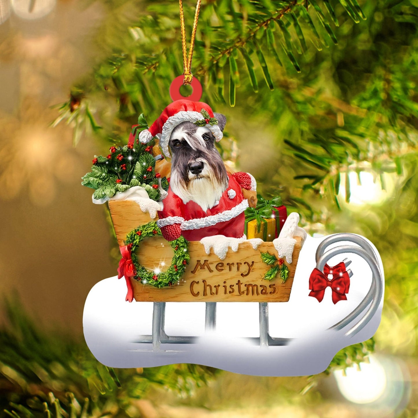 Schnauzer Sitting On A Cute Sleigh Ornament Flat Acrylic Funny Dog Ornament OO2959