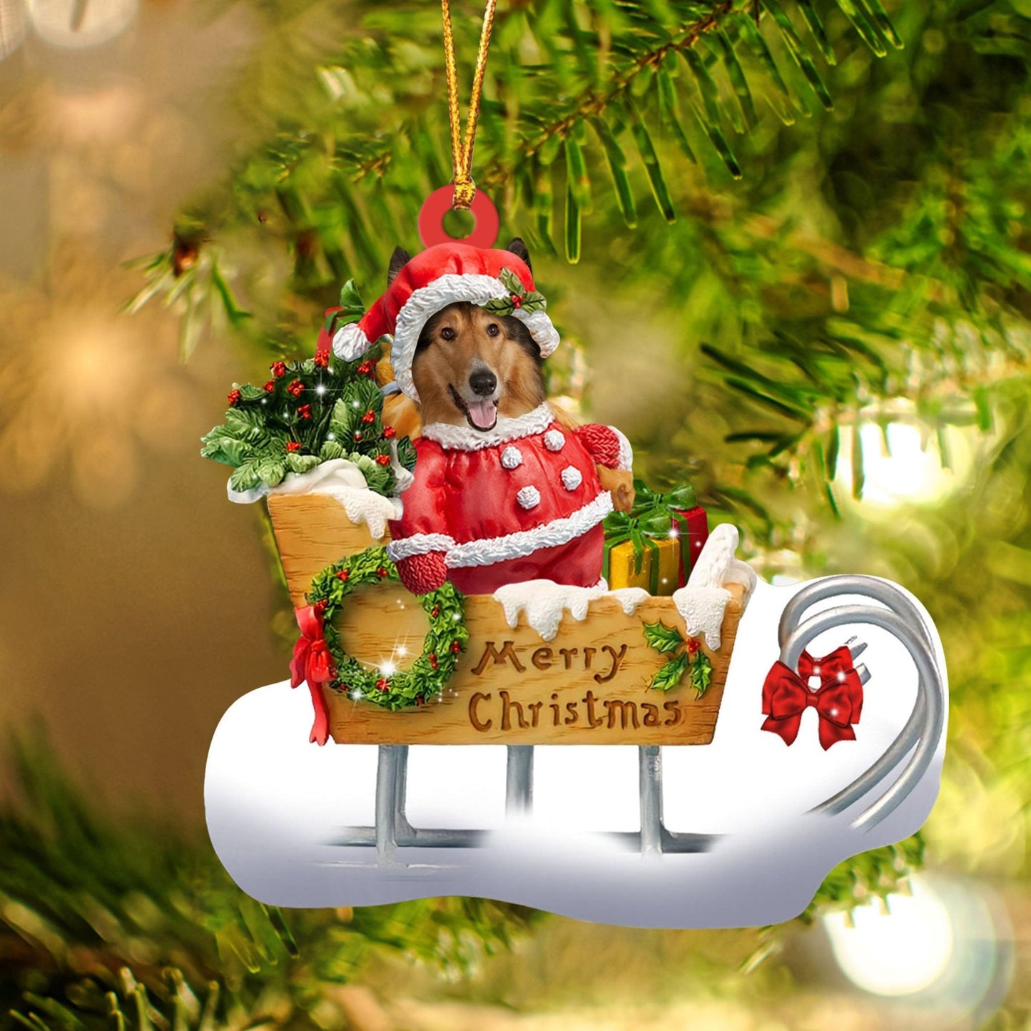 Rough Collie Sitting On A Cute Sleigh Ornament Flat Acrylic Funny Dog Ornament OO2962