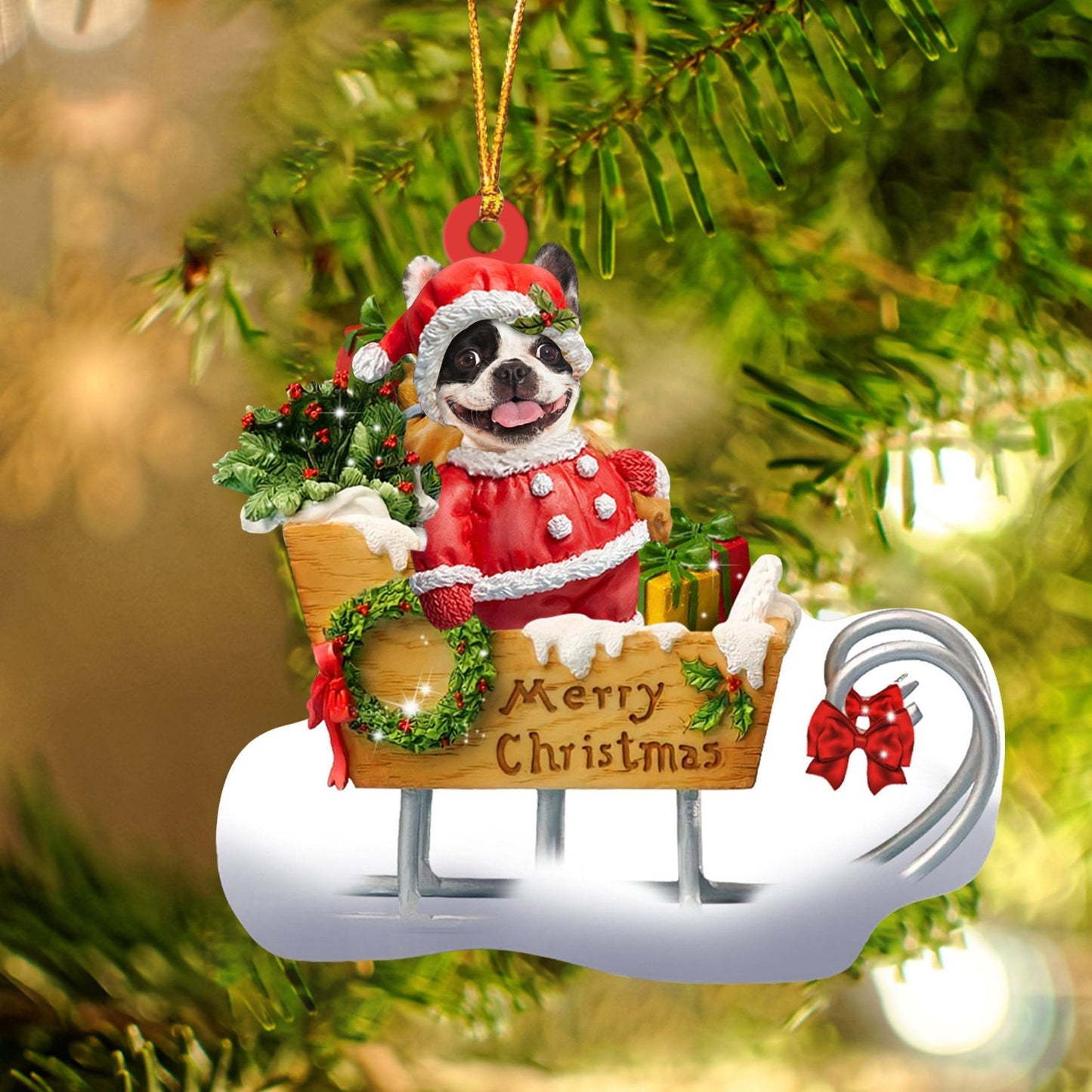 French Bulldog Sitting On A Cute Sleigh Ornament Flat Acrylic Funny Dog Ornament OO2957