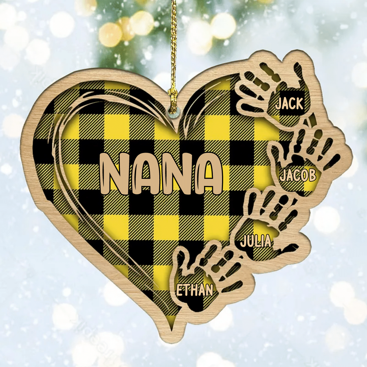 Grandma Mom Heart Hand Print With Kids, Grandkids Personalized Wood Ornament for Tree Decor OO2943