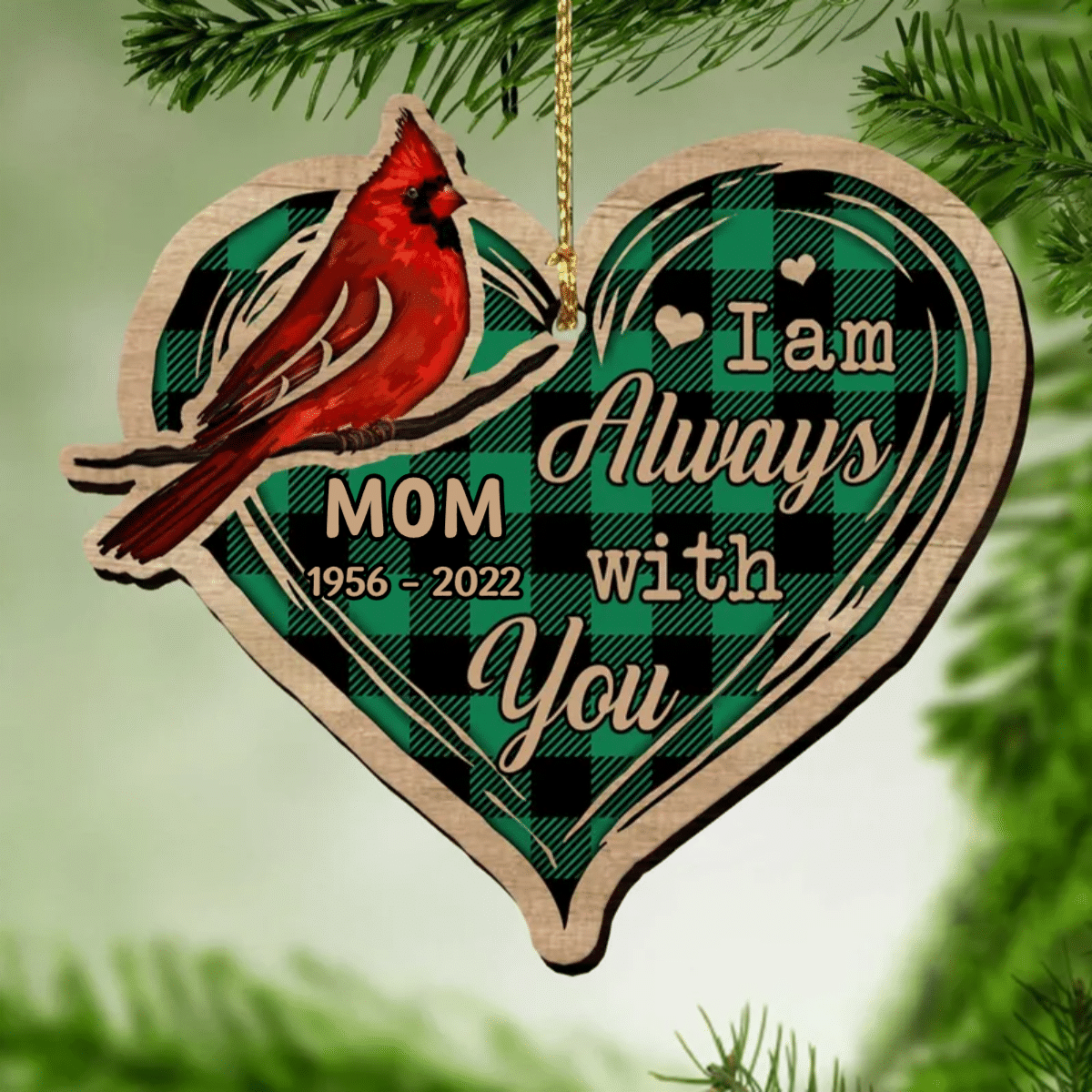 Personalized Memorial Christmas I Am Always With You Cardinal Heart Wood Ornament OO2938