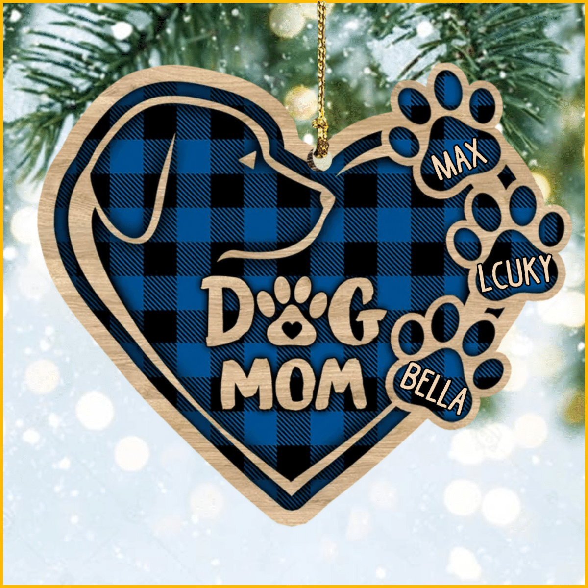 Christmas Dog Mom Heart Plaid Pattern Wood Ornament for Dog Mom Gifts OO2935