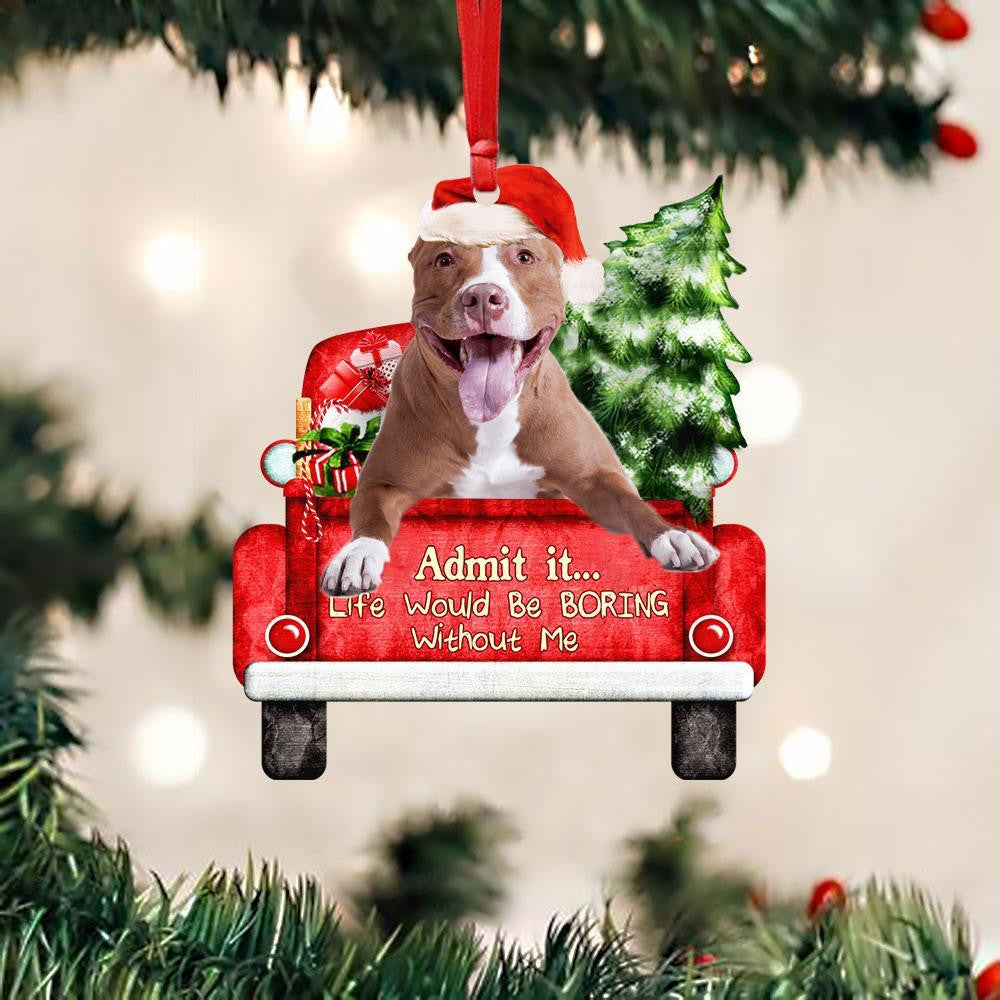 Pit Bull 2 On The Red Truck Acrylic Christmas Ornament OO2914