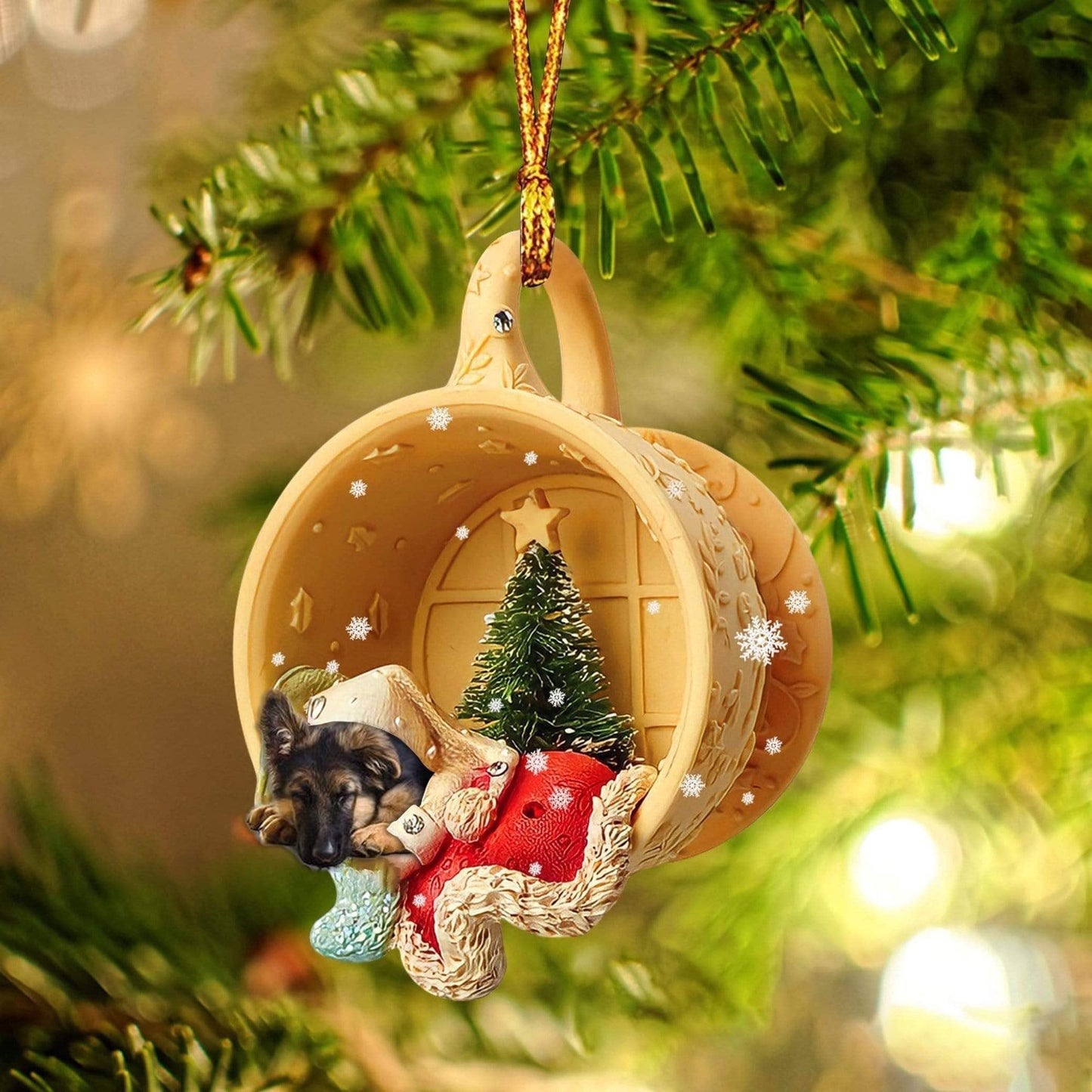 German Shepherd Sleeping In A Cup Christmas Ornament, Flat Acrylic Dog Christmas Ornament OO2859
