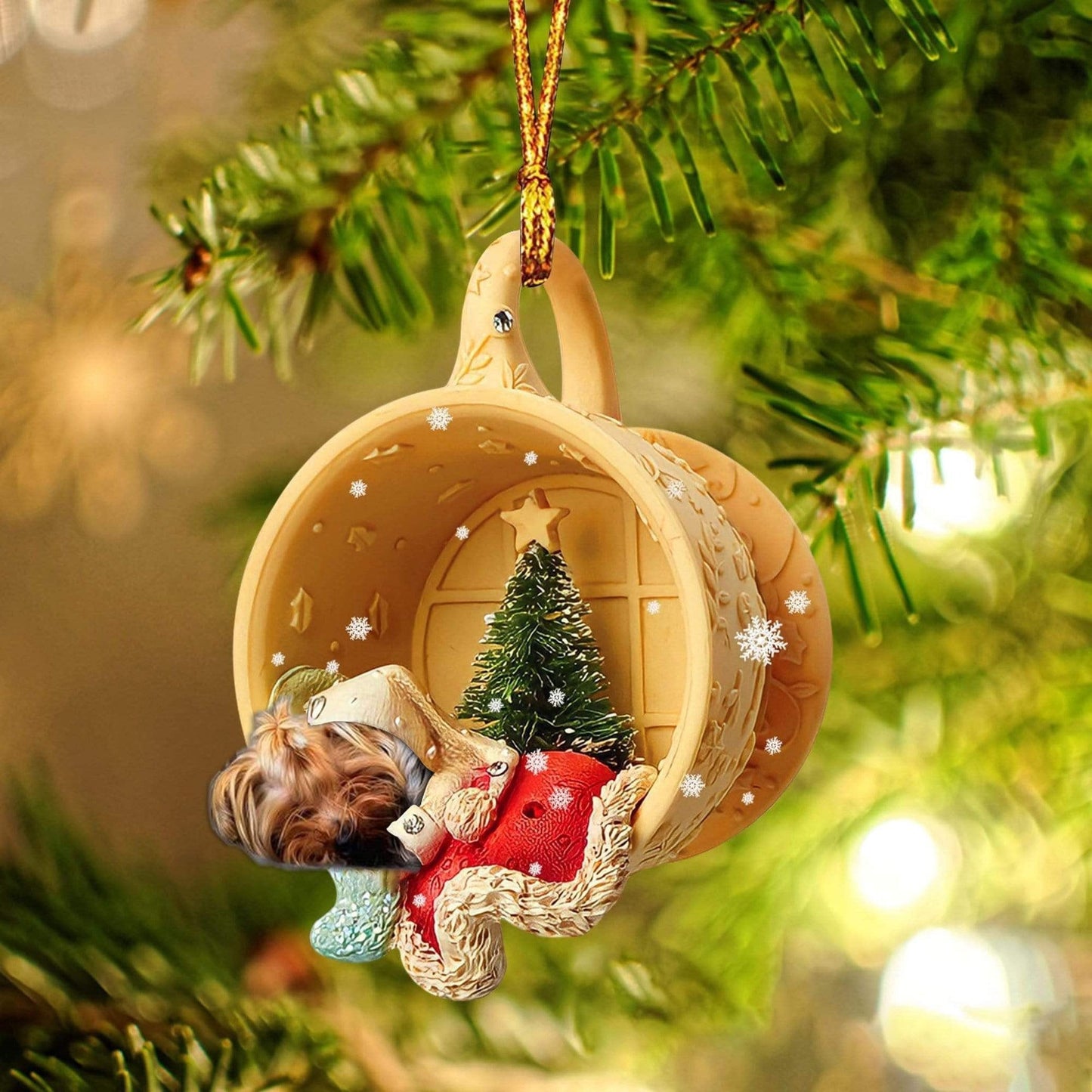 Yorkshire Terrier Sleeping In A Cup Christmas Ornament, Flat Acrylic Dog Christmas Ornament OO2846