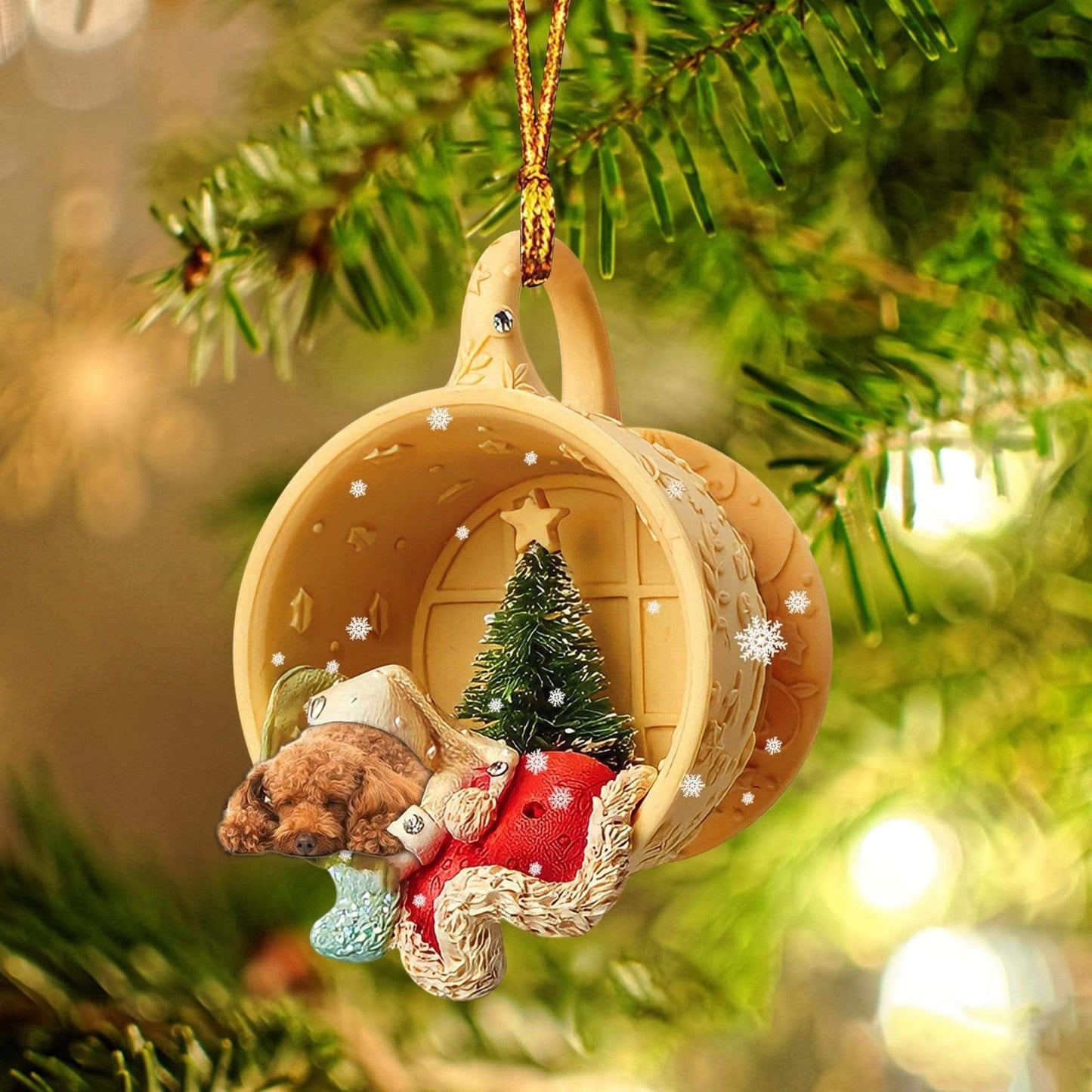 Poodle Sleeping In A Cup Christmas Ornament, Flat Acrylic Dog Christmas Ornament OO2837