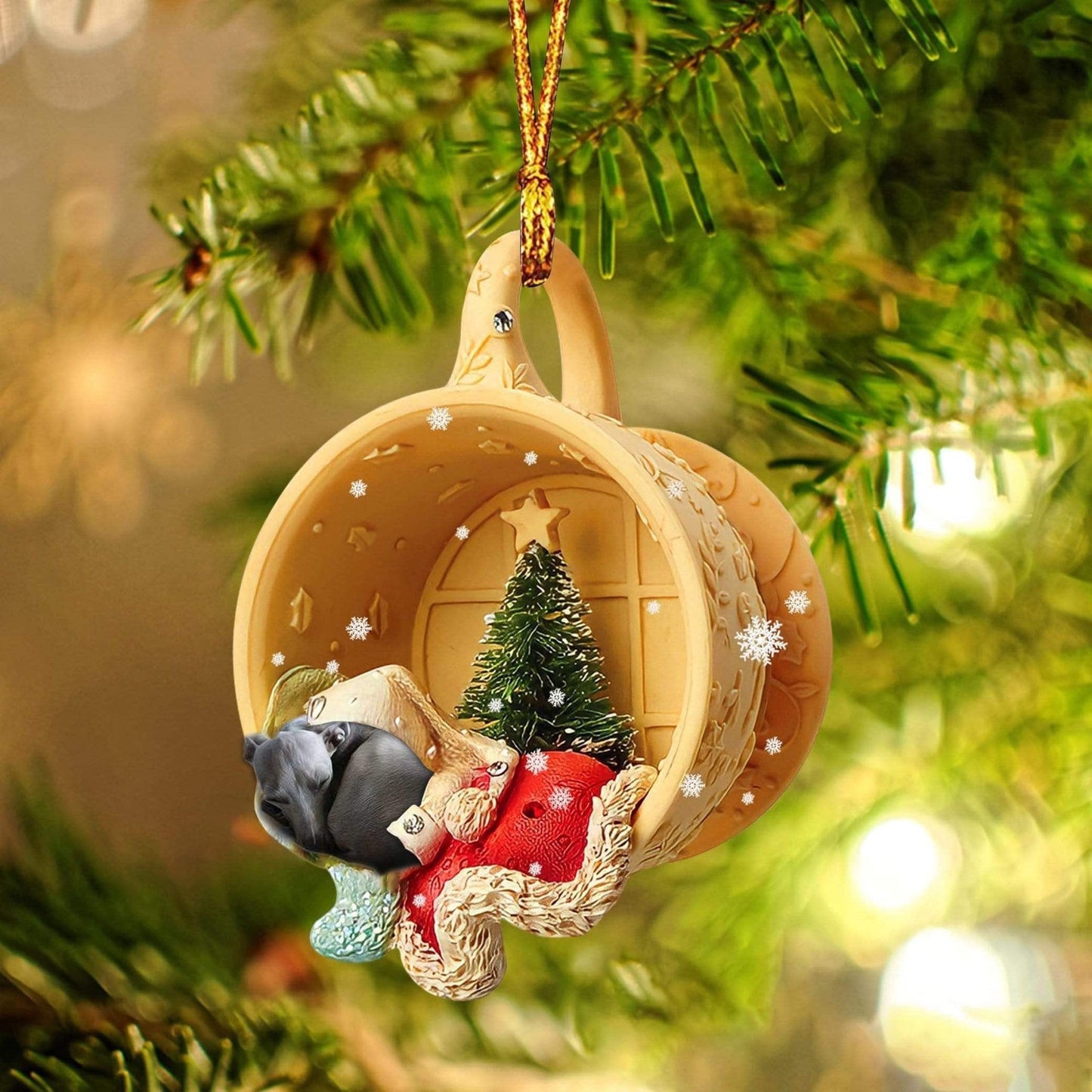 Grey Hound Sleeping In A Cup Christmas Ornament, Flat Acrylic Dog Christmas Ornament OO2834