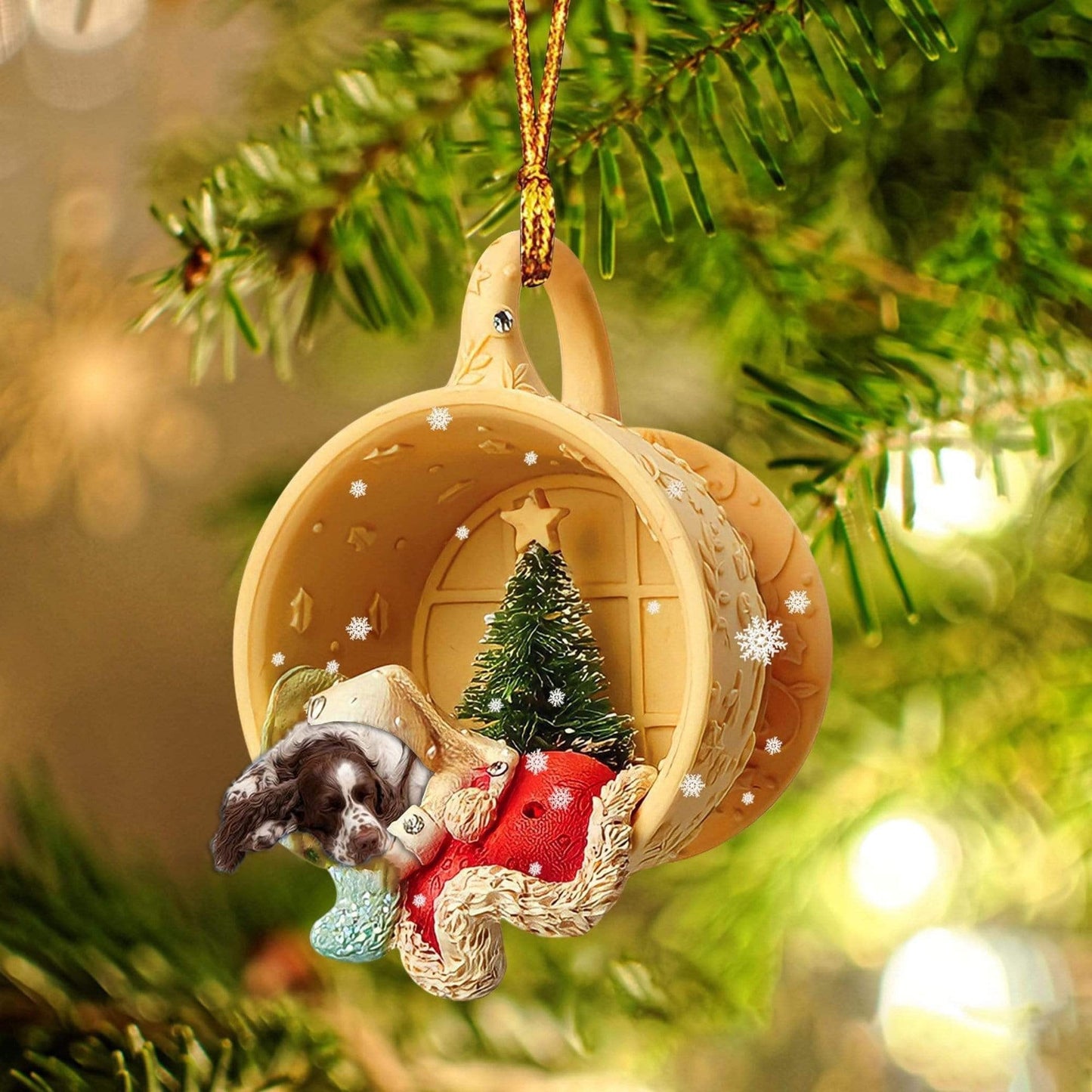 English Springer Spaniel Sleeping In A Cup Christmas Ornament, Flat Acrylic Dog Christmas Ornament OO2825