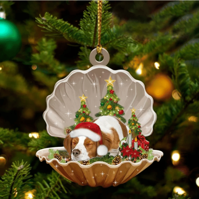 Brittany Spaniel3 Sleeping in Pearl Dog Christmas Ornament Flat Acrylic OO2817
