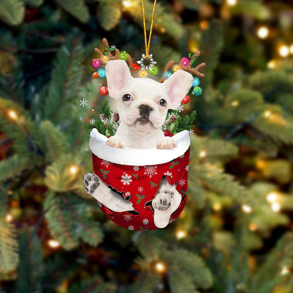 WHITE French Bulldog In Snow Pocket Christmas Ornament Flat Acrylic Dog Ornament OO2454