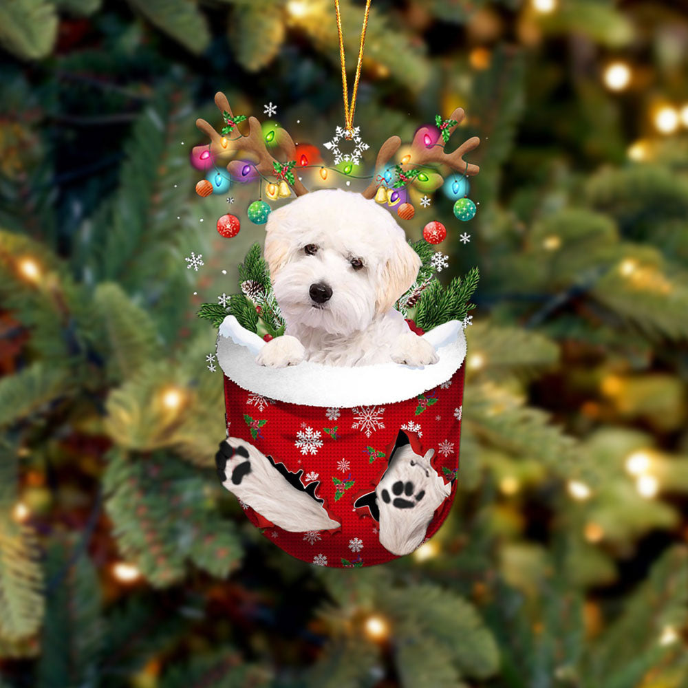 WHITE Maltipoo In Snow Pocket Christmas Ornament Flat Acrylic Dog Ornament OO2456