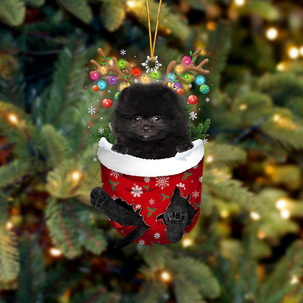 BLACK Pomeranian In Snow Pocket Christmas Ornament Flat Acrylic Dog Ornament OO2423