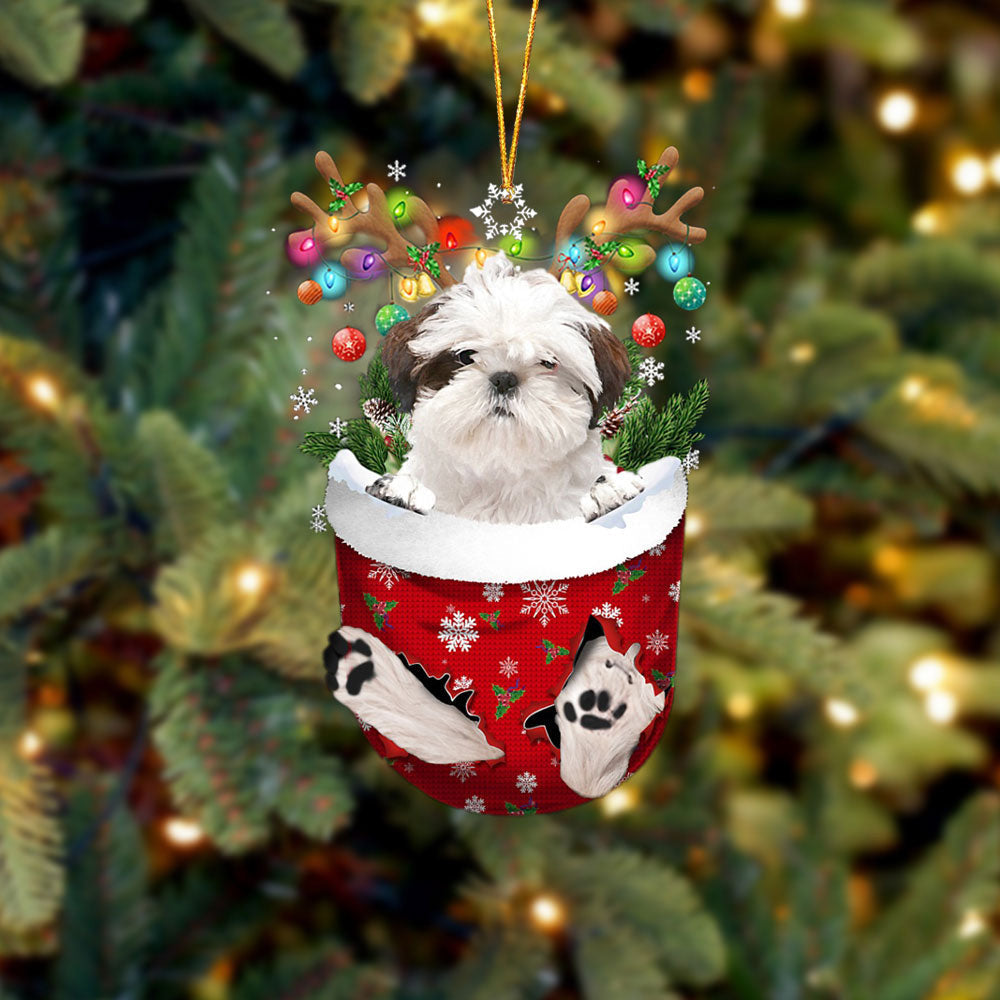 WHITE Shih Tzu In Snow Pocket Christmas Ornament Flat Acrylic Dog Ornament OO2399