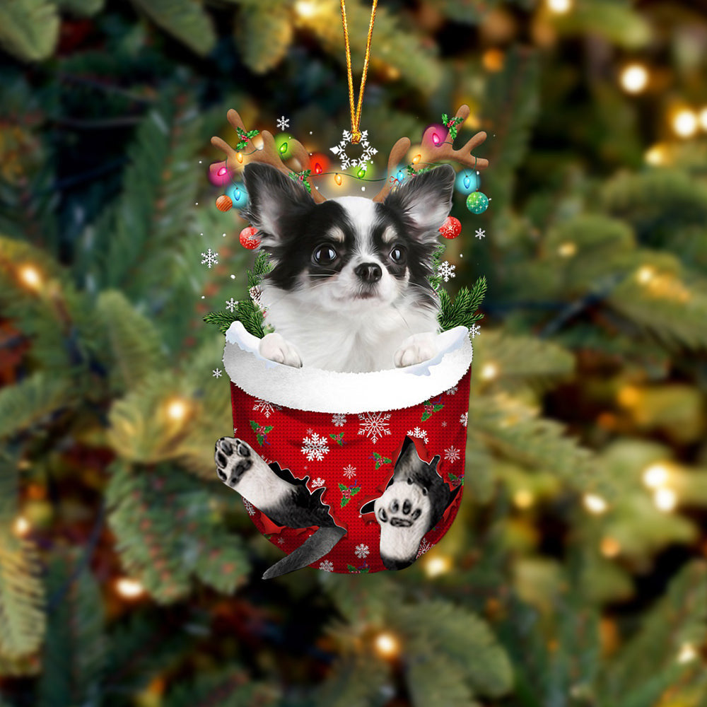 Long haired white Chihuahua In Snow Pocket Christmas Ornament Flat Acrylic Dog Ornament OO2308