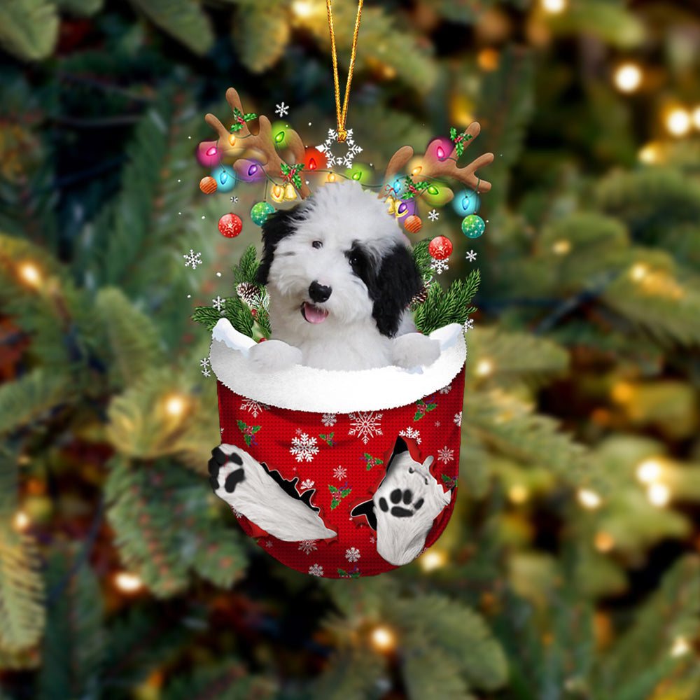 Sheepadoodle In Snow Pocket Christmas Ornament Flat Acrylic Dog Ornament OO2177
