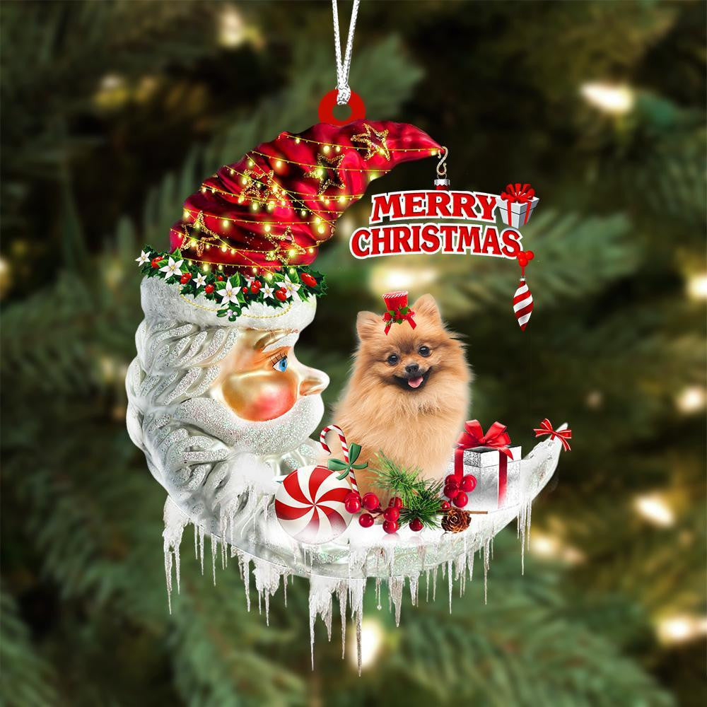 Pomeranian On The Moon Merry Christmas Hanging Ornament Flat Acrylic Dog Ornament OO2104