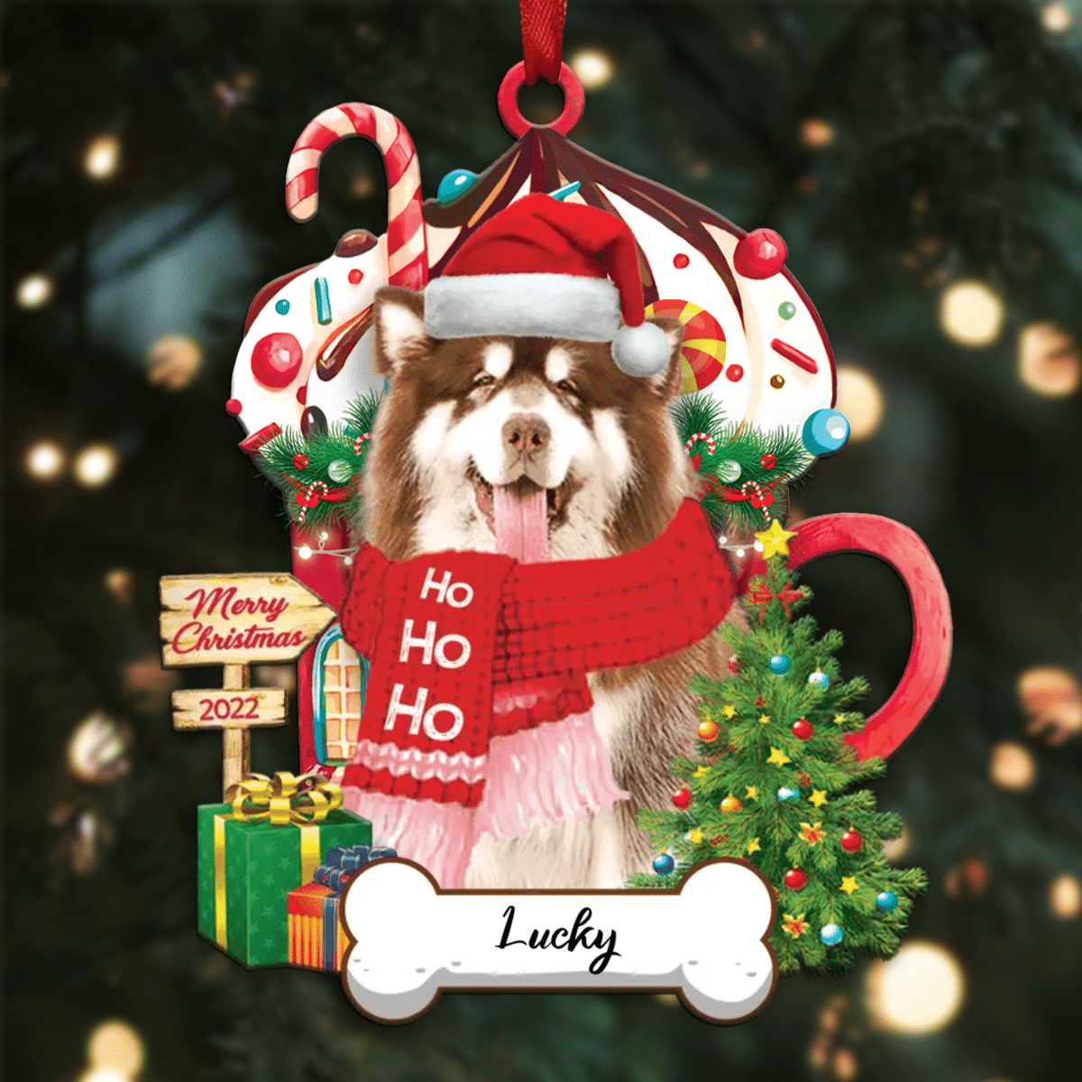 Personalized Ho Ho Ho Alaskan Dog Christmas Ornament for Christmas Tree Decor OO3910